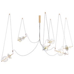 Trapezi Six Lumières Abat-jour Neutres Suspension Contemporaine/Chandelier Laiton:: Verre