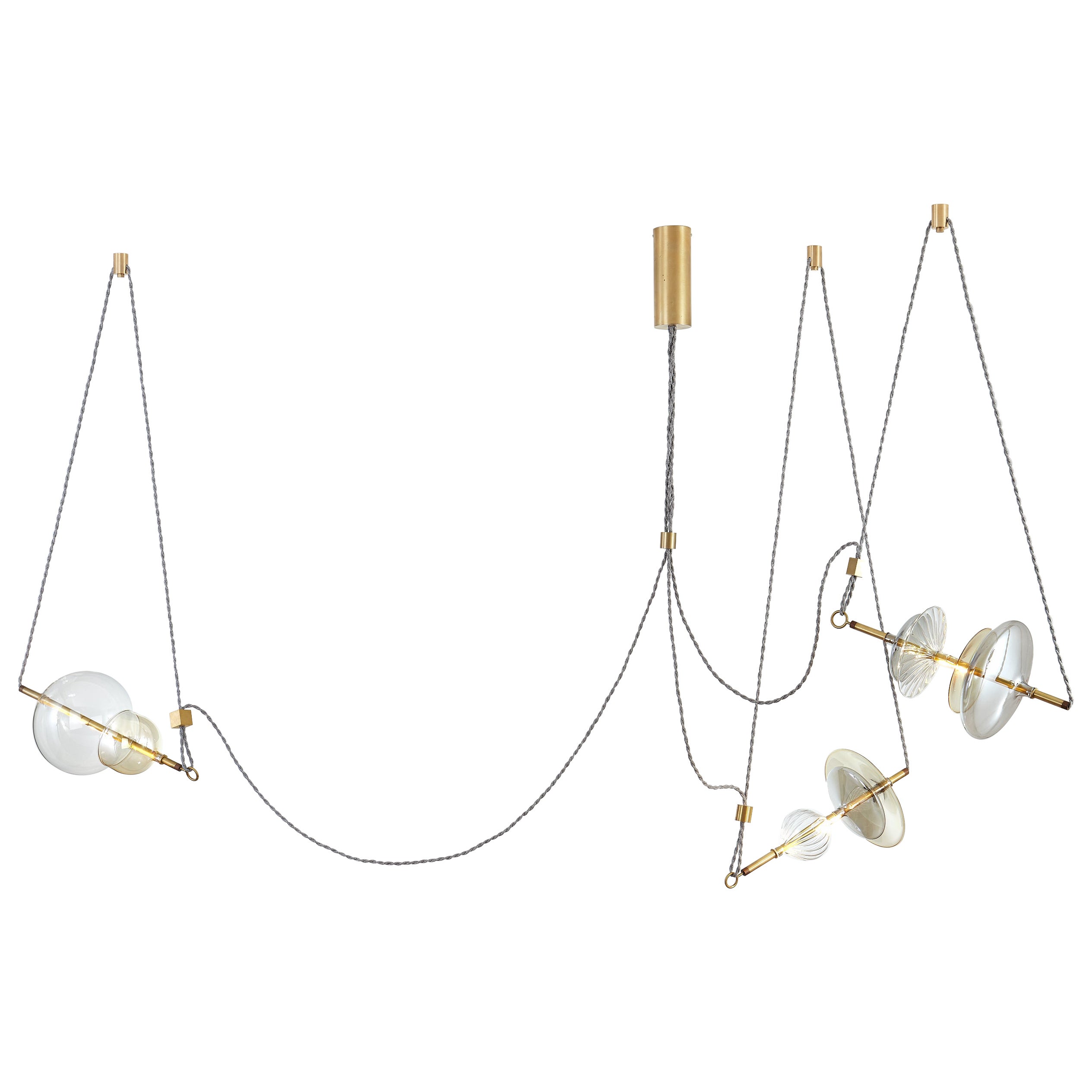 Trapezi 3 Sculptural Statement Chandelier by Silvio Mondino Studio, Brass-Glass