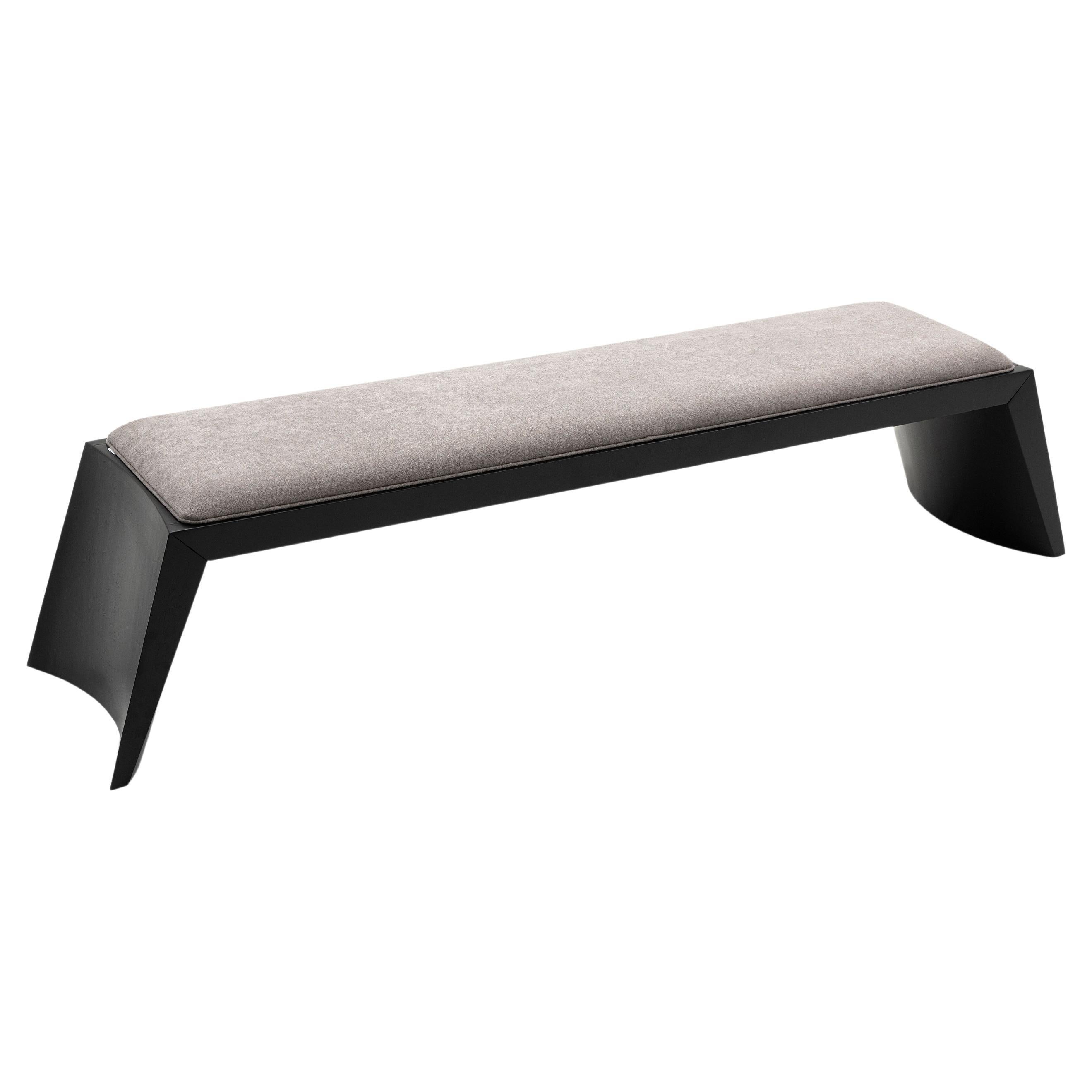 Trapezio Bench 4 Seats in Black Wood Finish and Gray Fabric For Sale