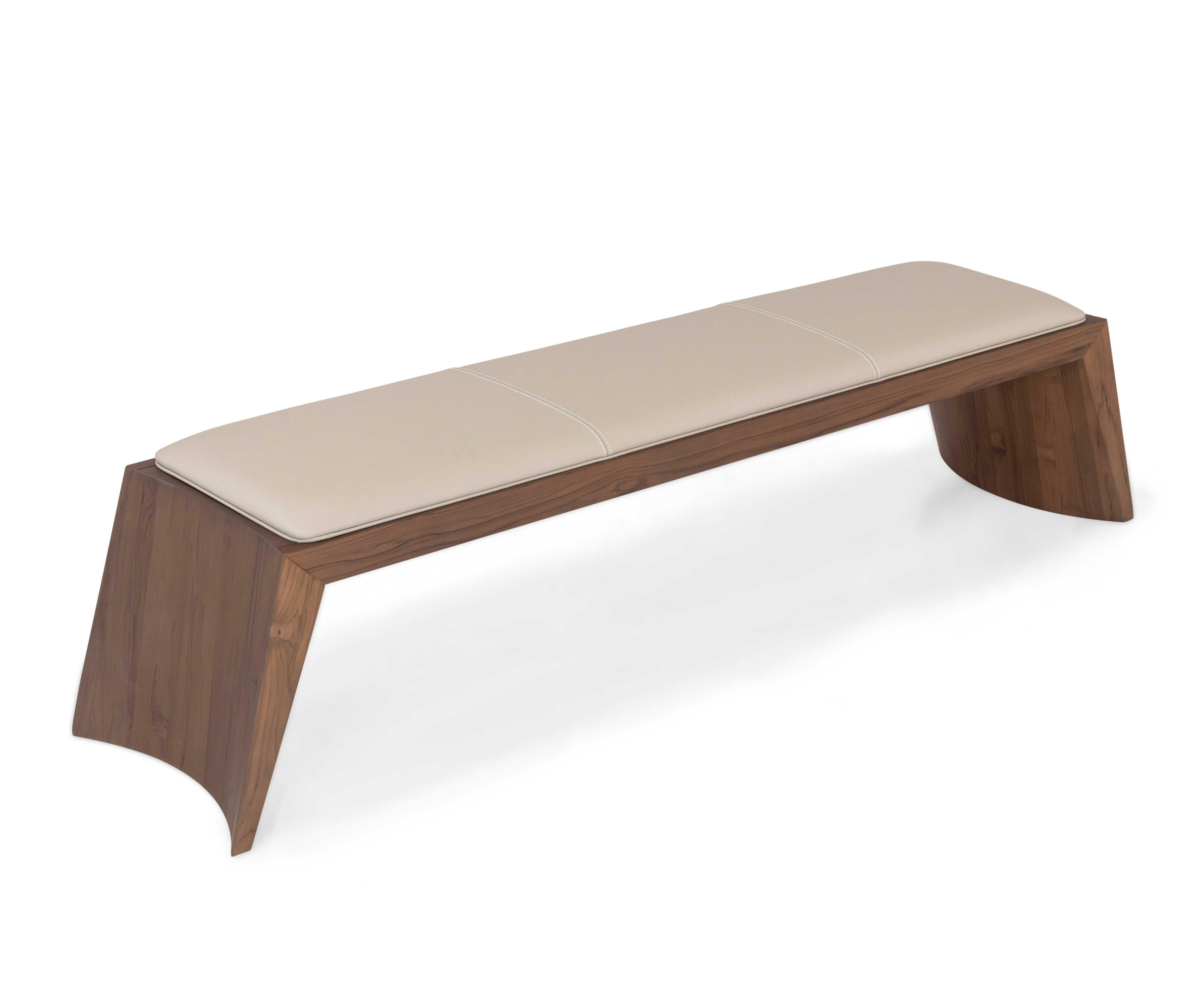 Brazilian Customizable Four-Seater Bench with Walnut Finish, Leather Top - Trapézio Line For Sale