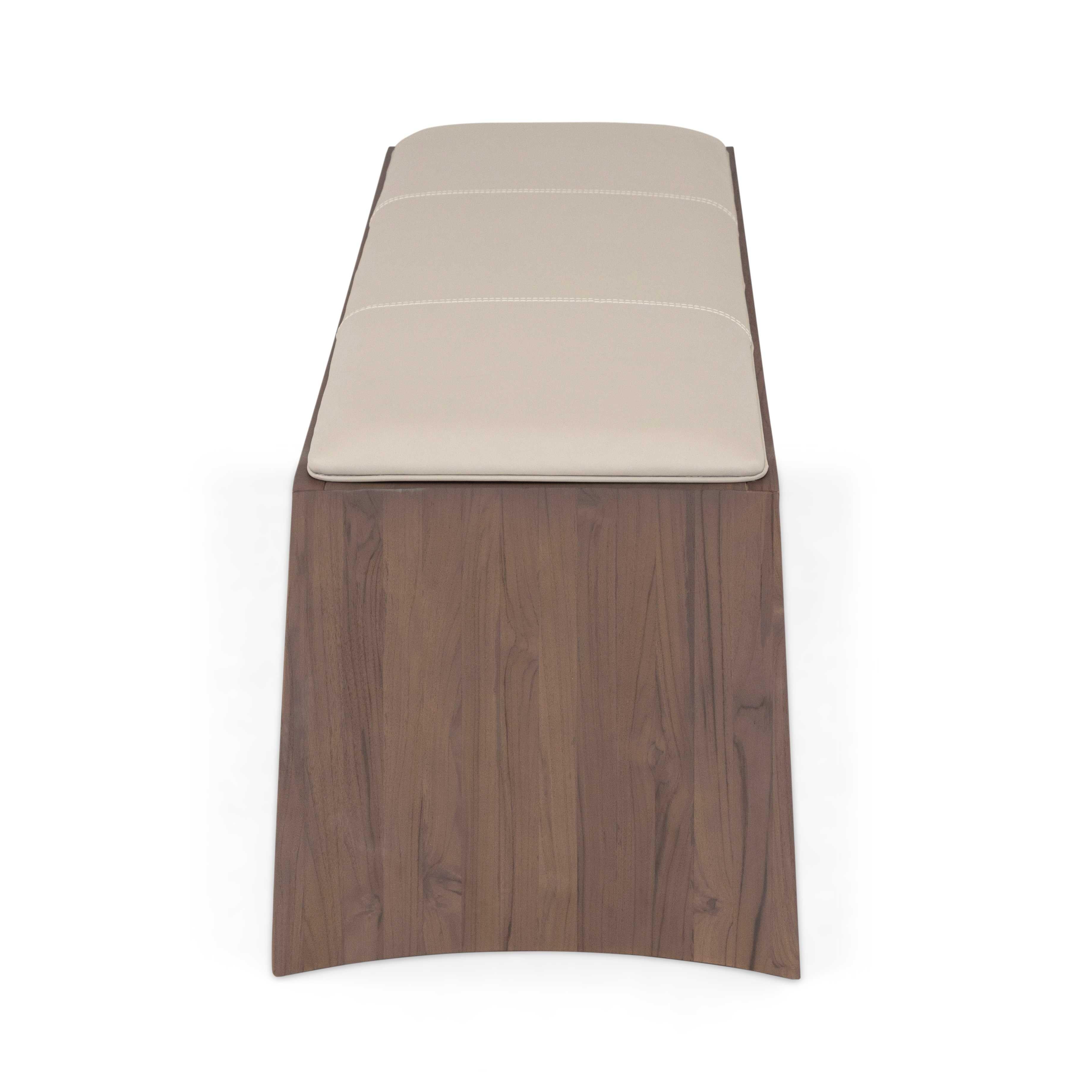 Stained Customizable Four-Seater Bench with Walnut Finish, Leather Top - Trapézio Line For Sale