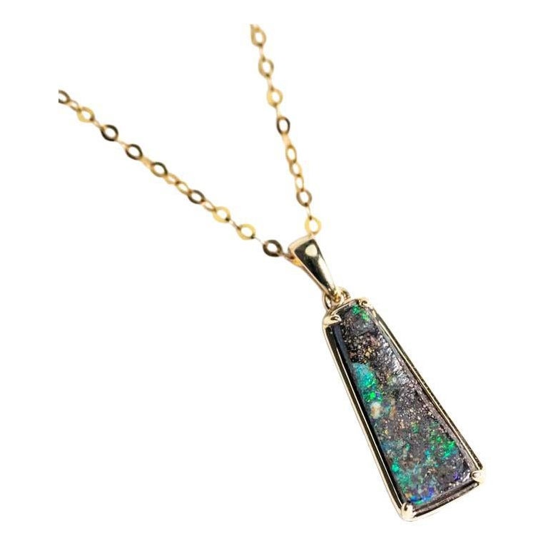 Trapezoid Australian Boulder Opal Necklace 14k Yellow Gold