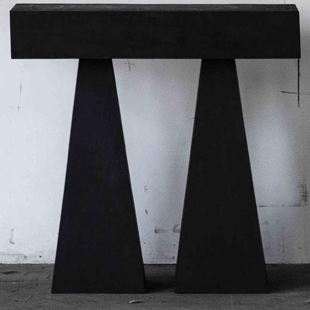 Trapezoidal Legs, Sculpted Dark Plywood High Console Table by Lucas Tyra Morten For Sale 2