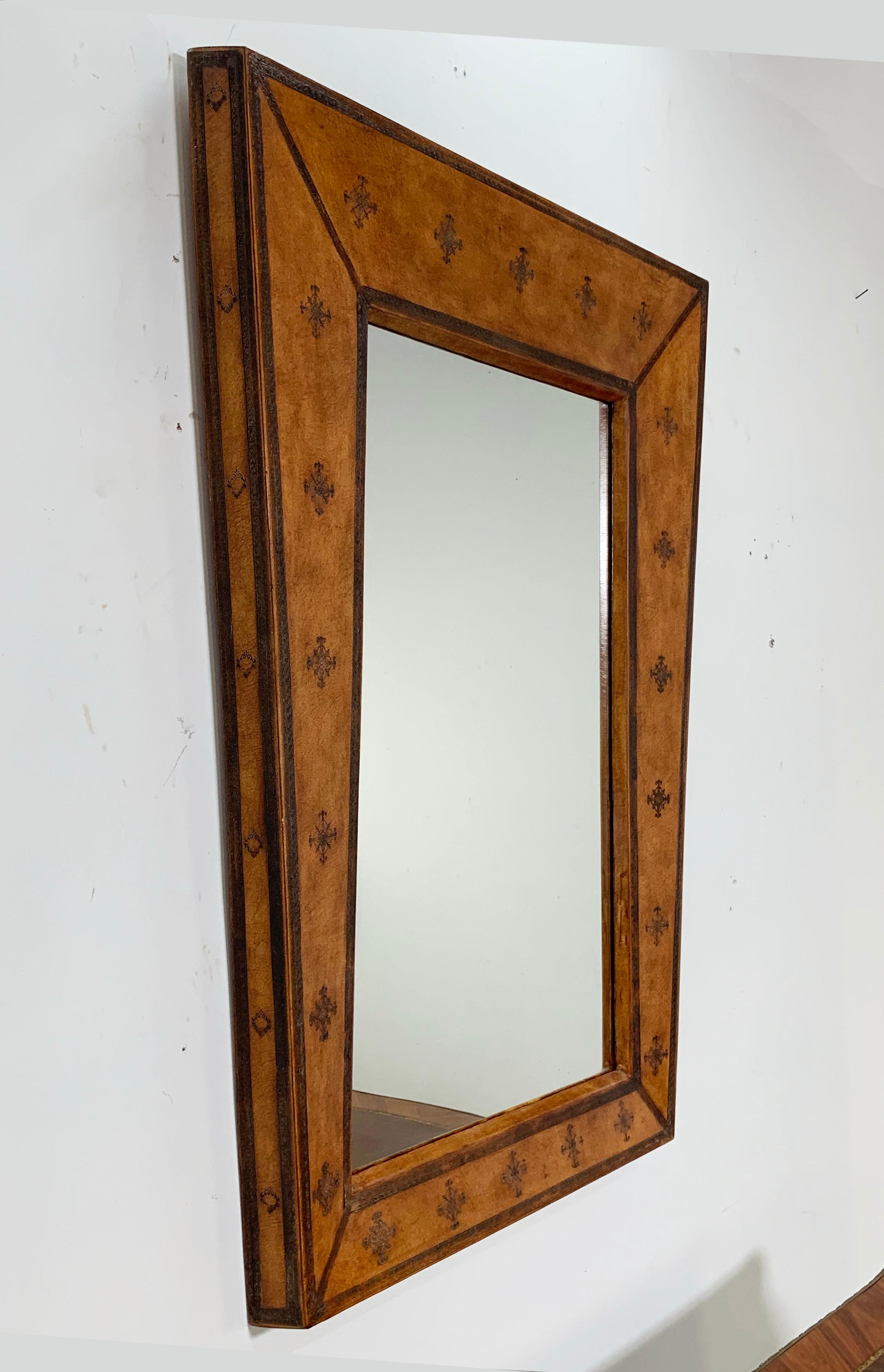 Mid-Century Modern Trapezoidal Wall Mirror in Tooled Leather, c. 20th Century