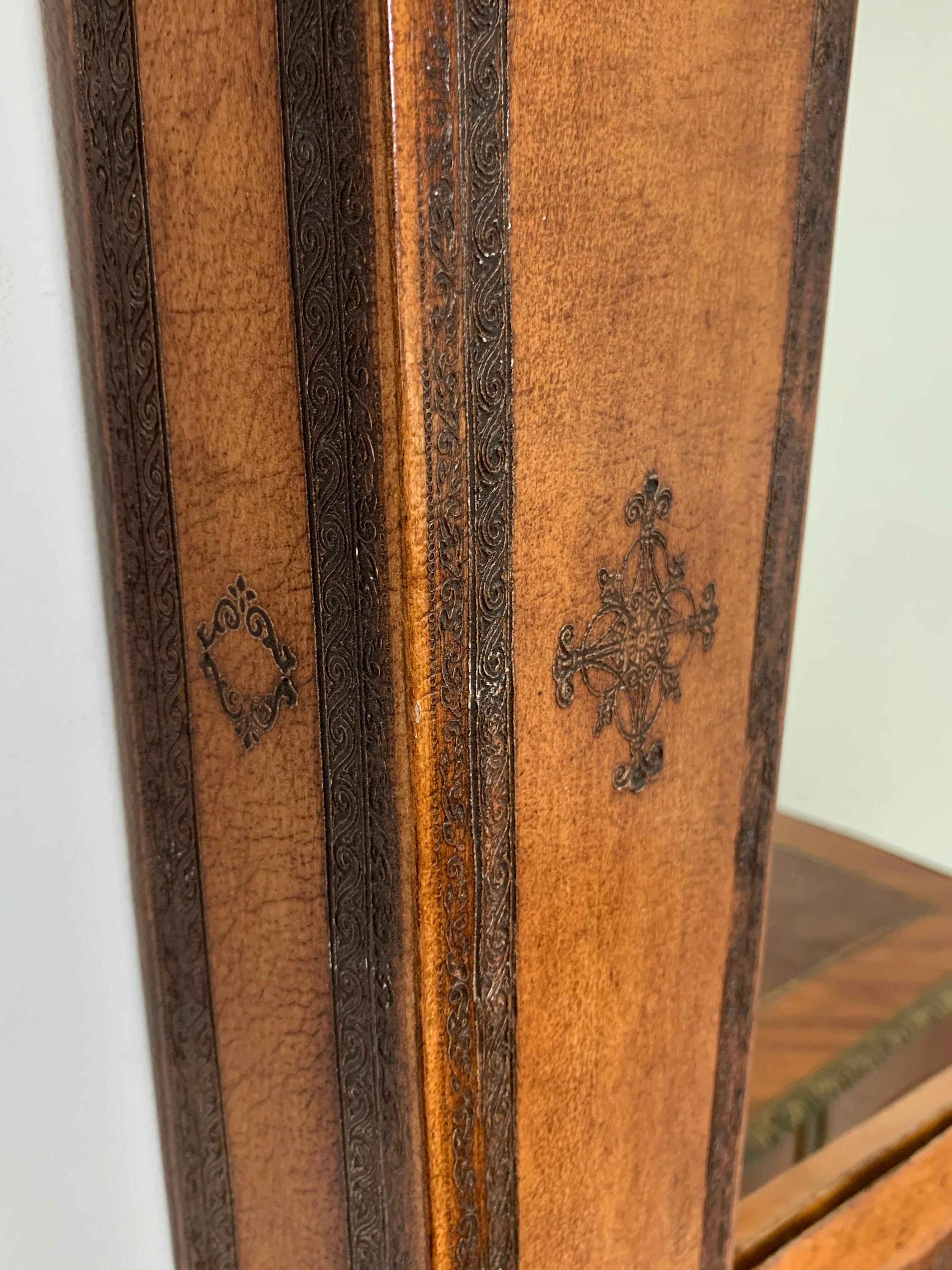 European Trapezoidal Wall Mirror in Tooled Leather, c. 20th Century