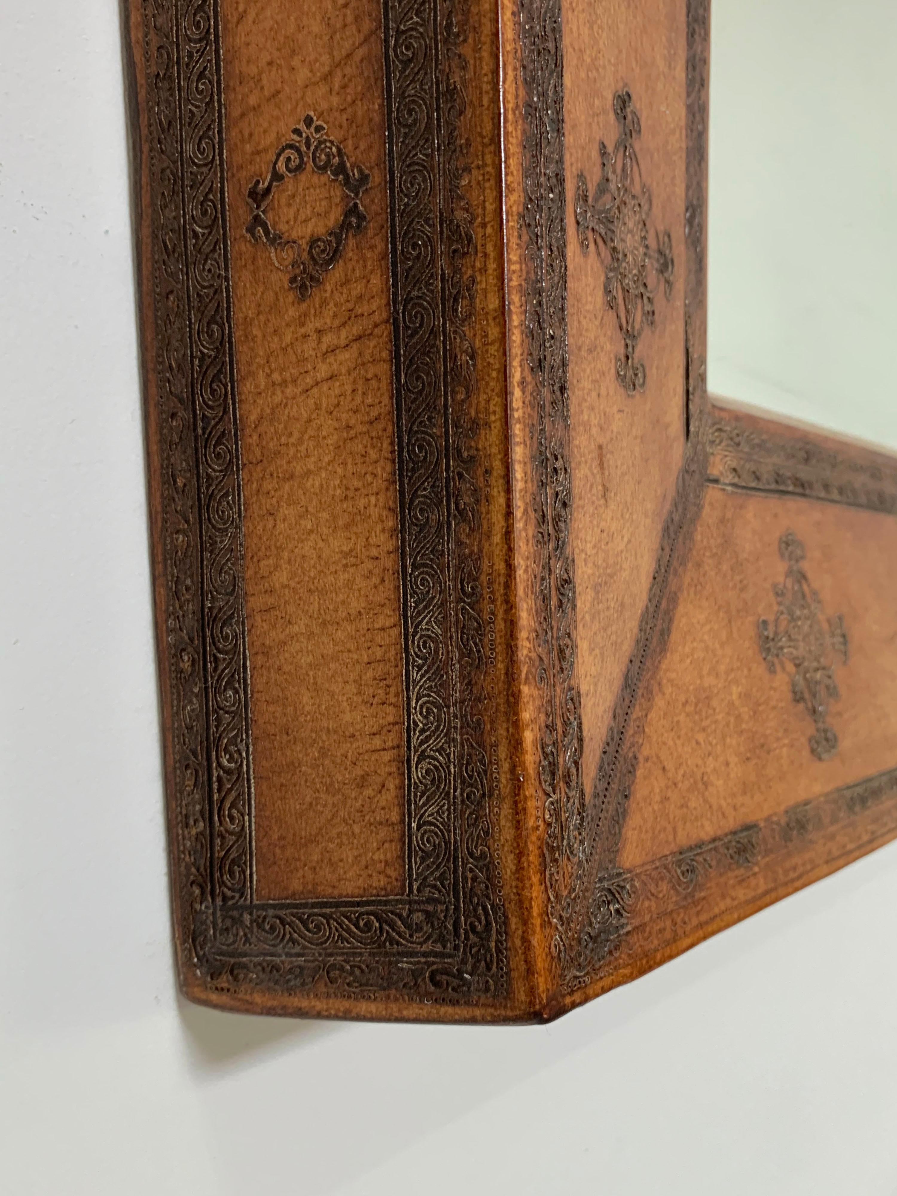 Trapezoidal Wall Mirror in Tooled Leather, c. 20th Century In Good Condition In Peabody, MA