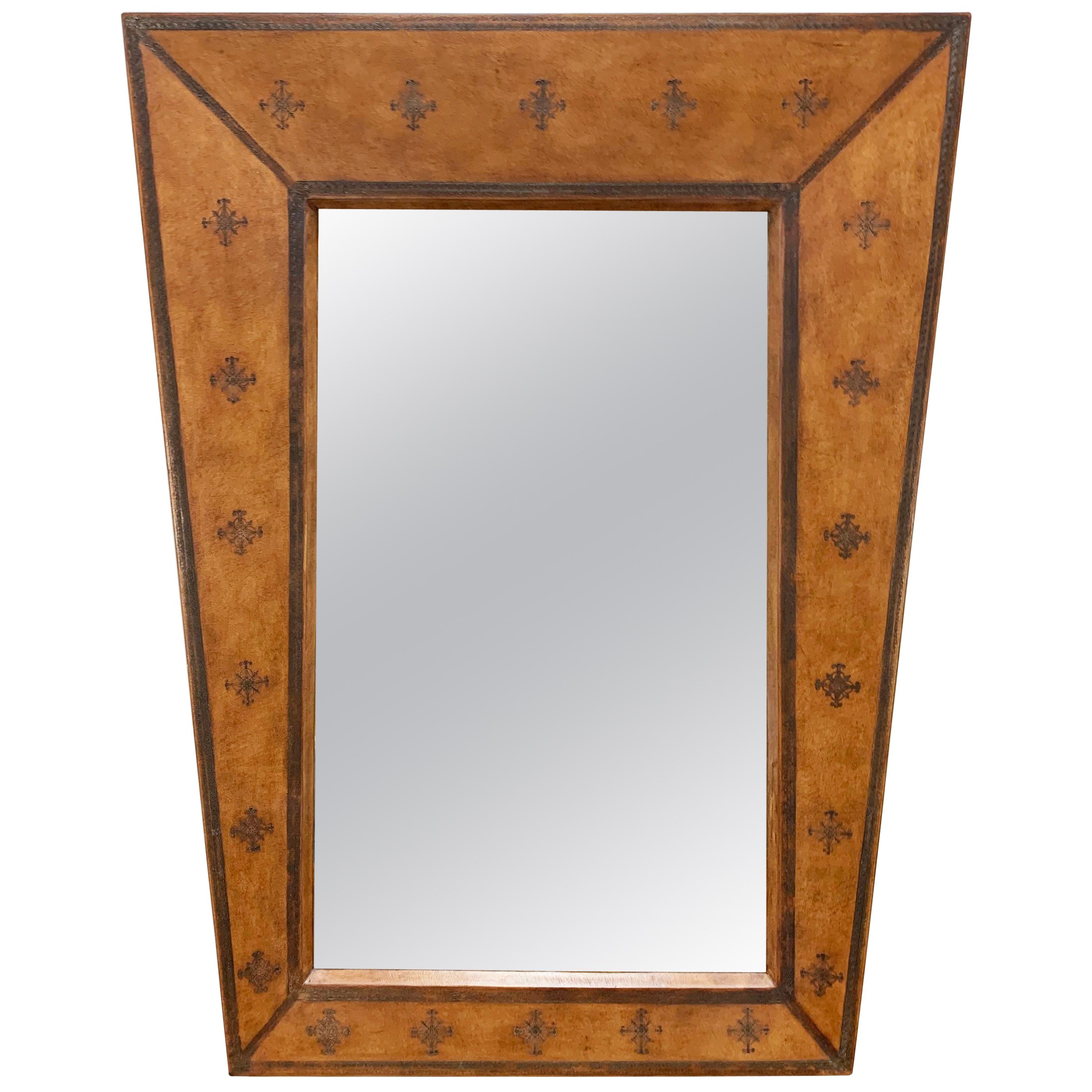 Trapezoidal Wall Mirror in Tooled Leather, c. 20th Century