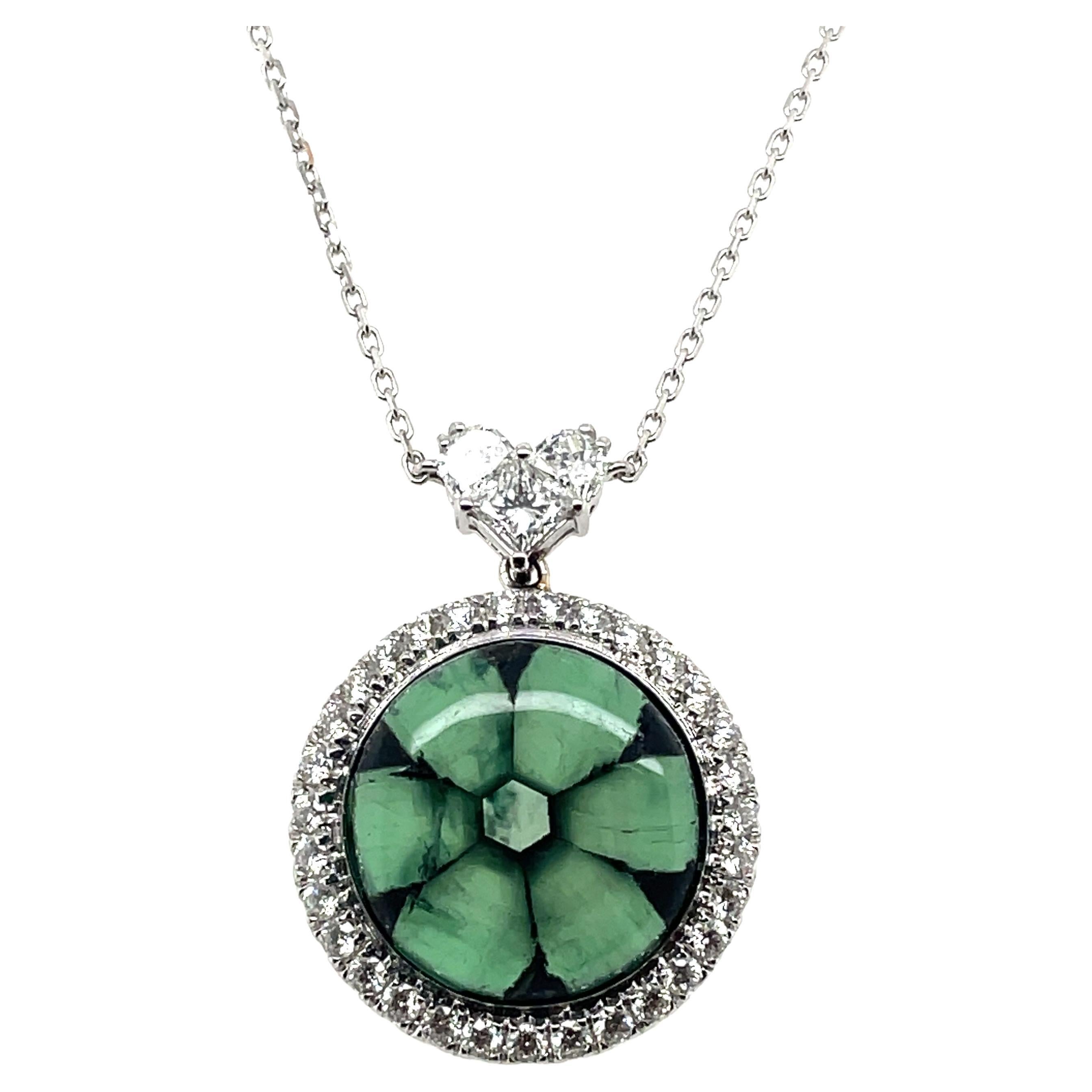Trapiche Emerald Cabochon Heart-Shaped Diamonds with 18k White Gold Chain