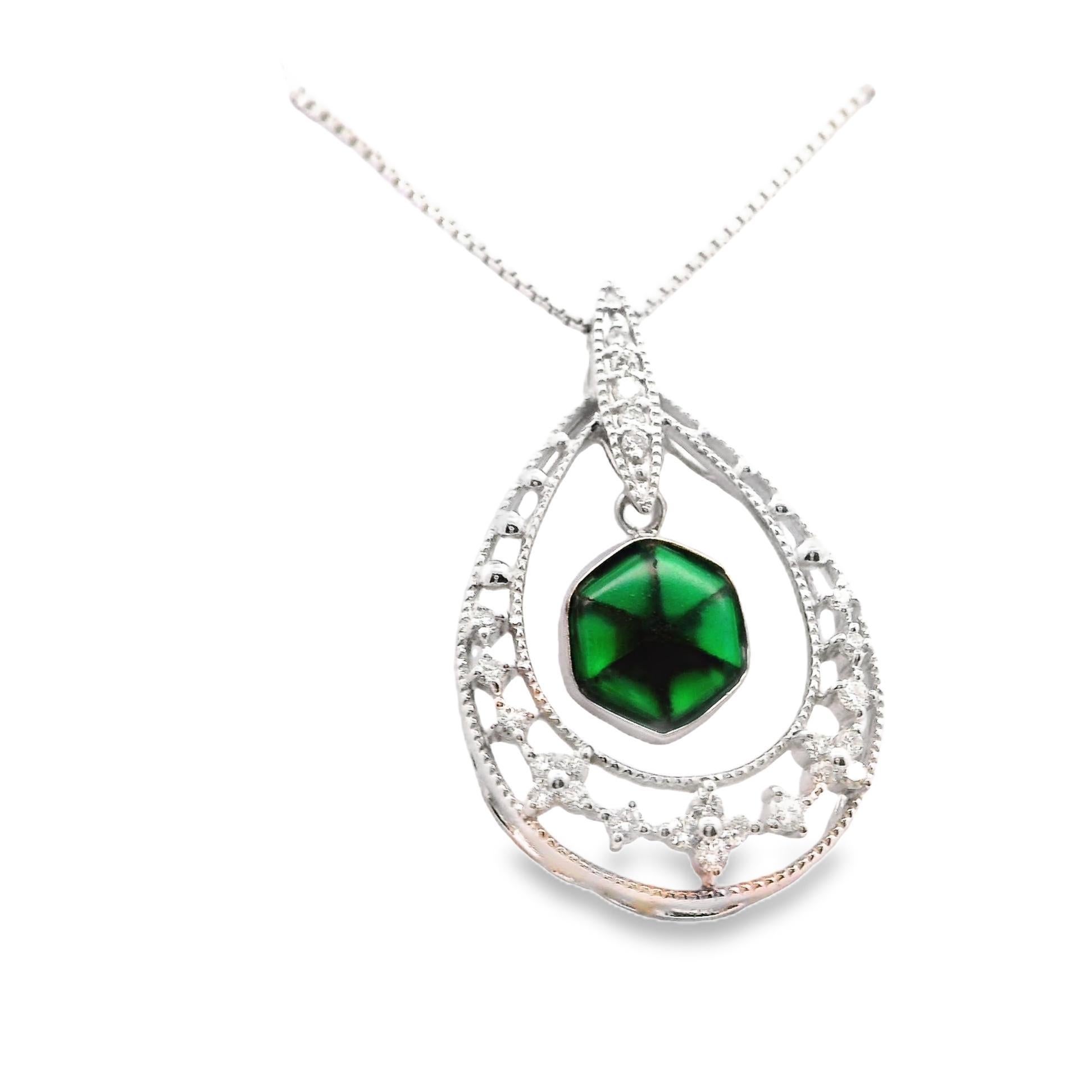 Contemporary Trapiche Emerald Diamond 18k White Gold Necklace Pendant For Sale