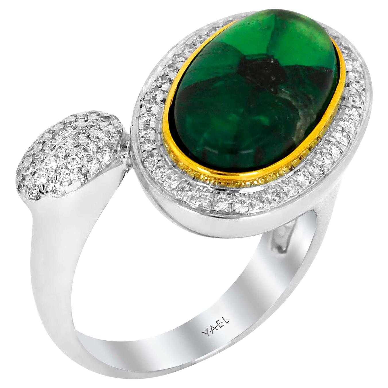 Trapiche Emerald Diamond White and Yellow Gold Ring For Sale