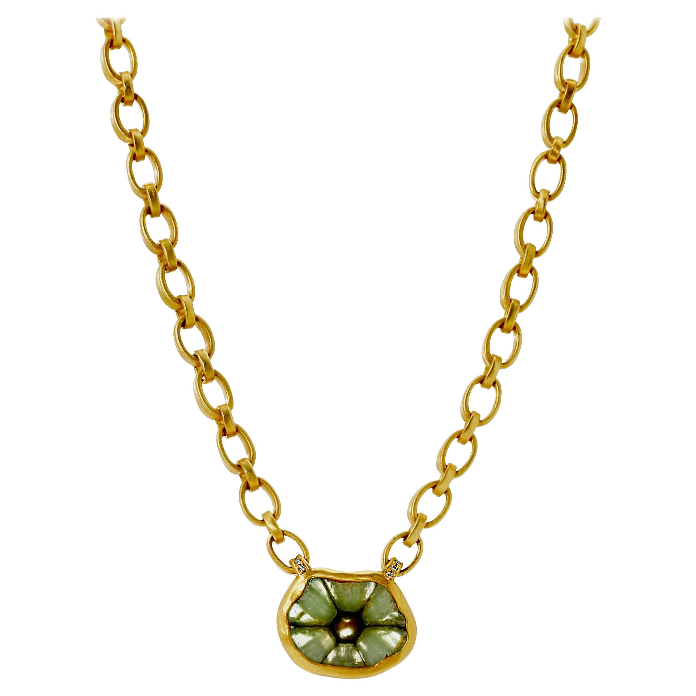 Trapiche Emerald Necklace on 18k Yellow Gold Handmade Chain and Toggle