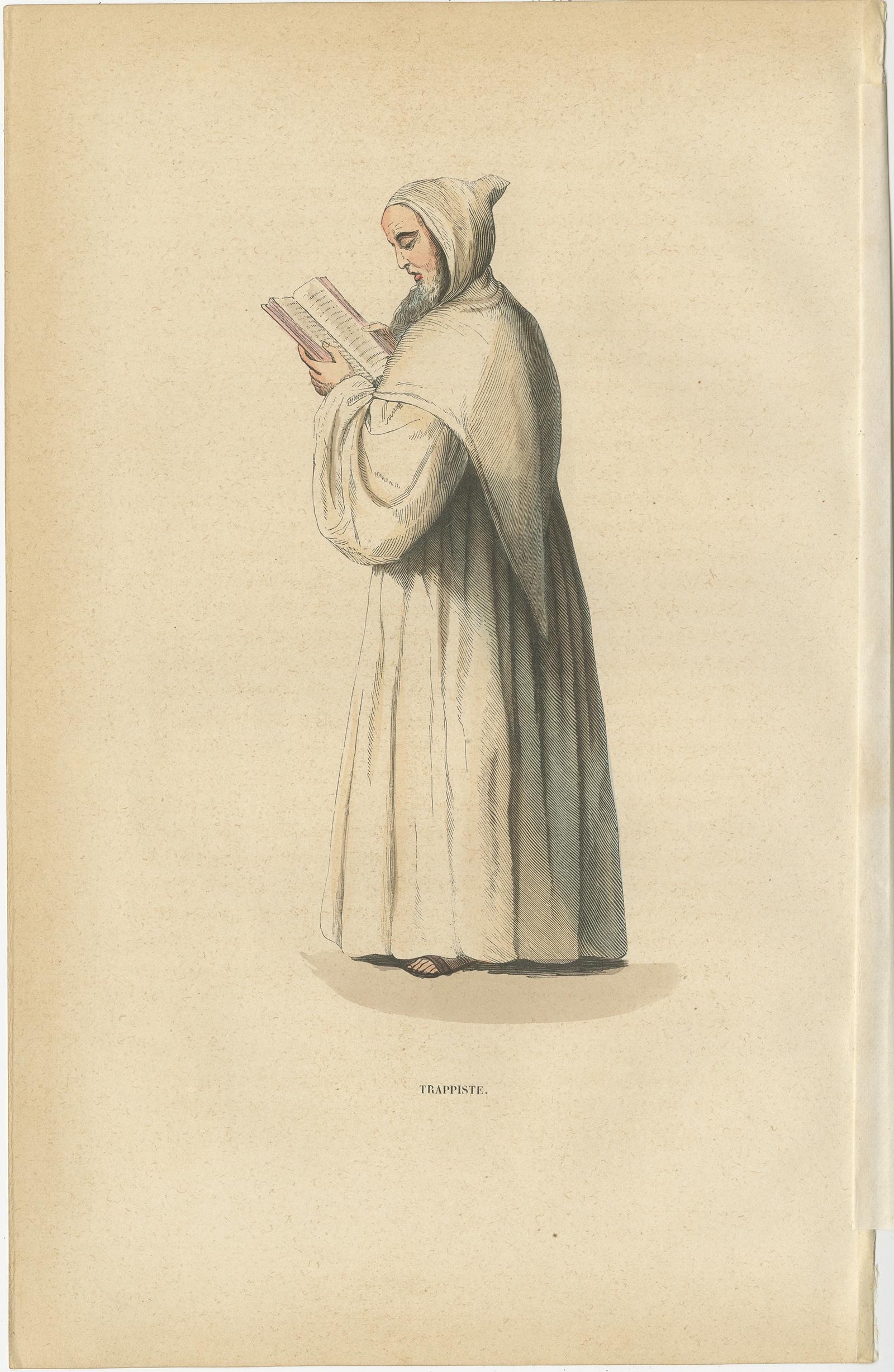 Antique print titled 'Trappiste'. 

Print of a Trappist Monk reading a Bible. This print originates from 'Histoire et Costumes des Ordres Religieux'.

The Trappists, officially known as the Order of Cistercians of the Strict Observance and