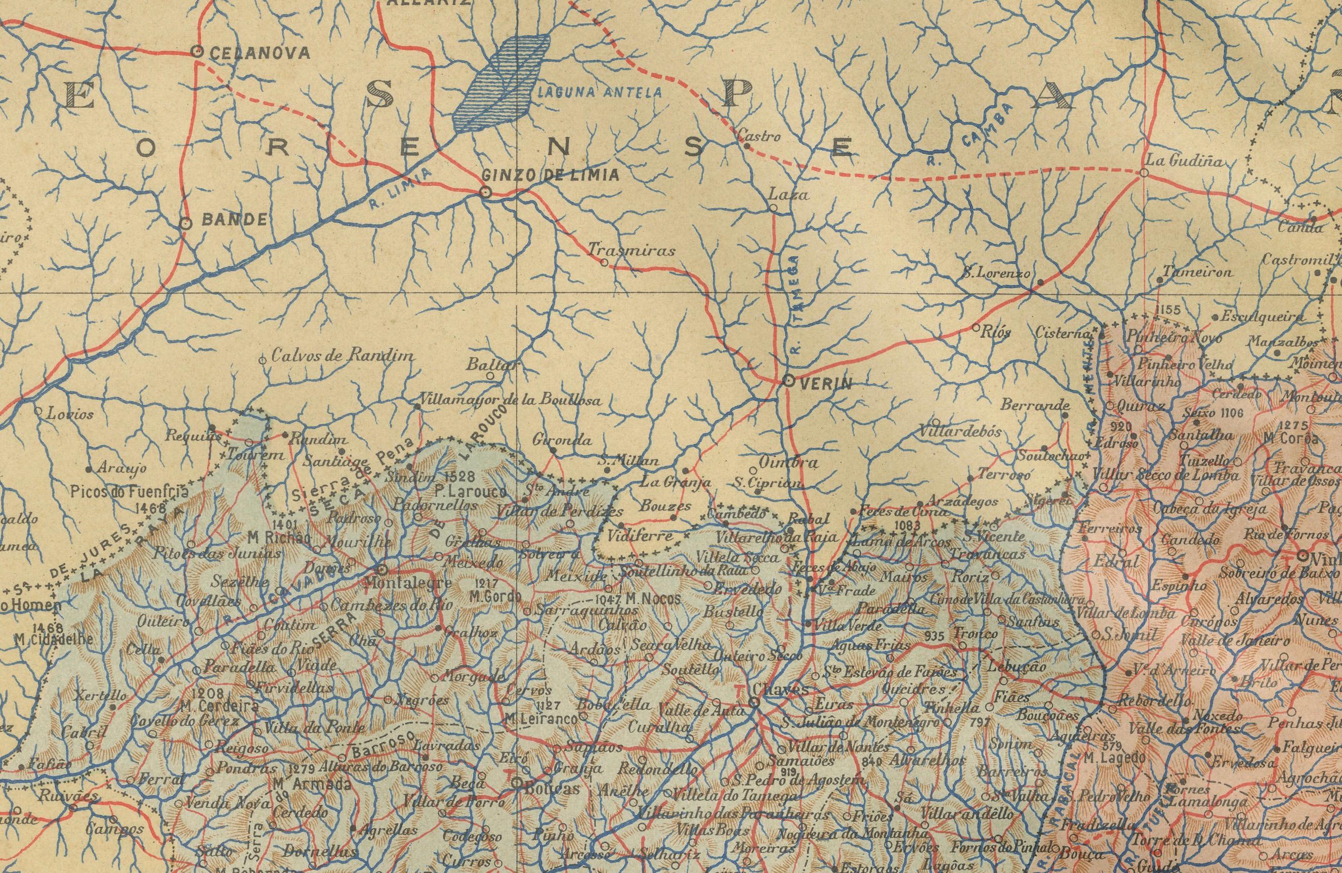 This print is an original historical map of the Trás-os-Montes region in the northeastern part of Portugal, dated 1903. Trás-os-Montes is often translated as 