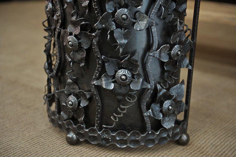 Trash Can or Umbrella Stand in Carved Iron with Flower Decor, circa