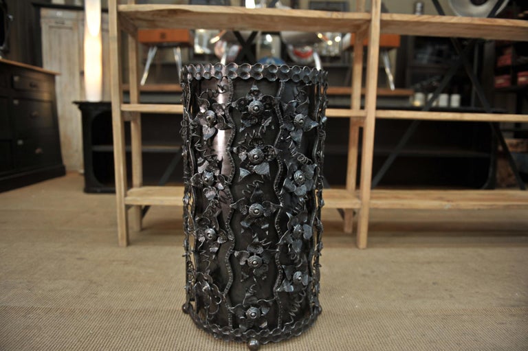 Trash Can or Umbrella Stand in Carved Iron with Flower Decor, circa