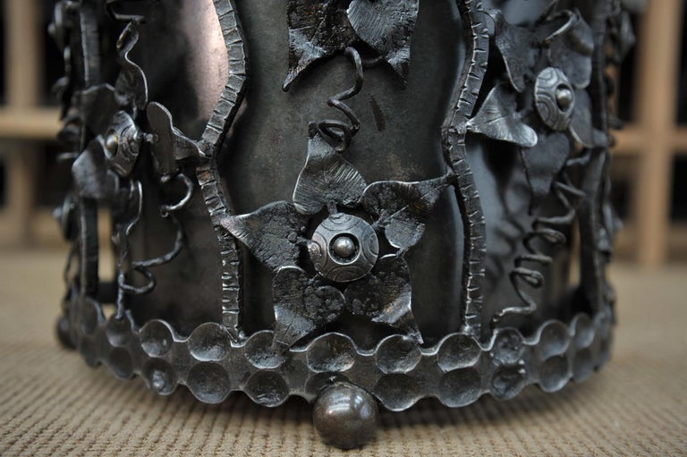 Trash Can or Umbrella Stand in Carved Iron with Flower Decor, circa