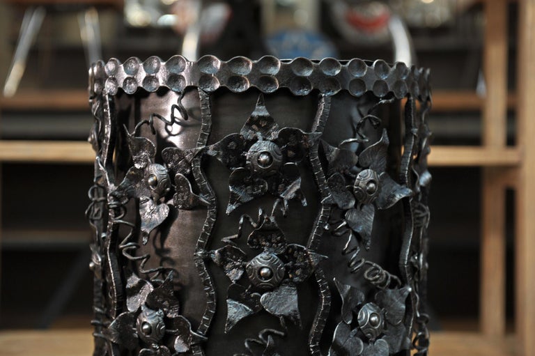 Trash Can or Umbrella Stand in Carved Iron with Flower Decor, circa