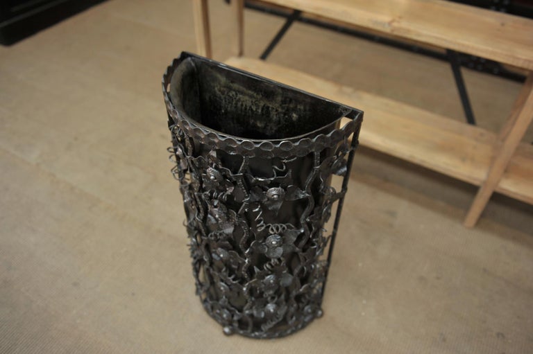 Trash Can or Umbrella Stand in Carved Iron with Flower Decor, circa