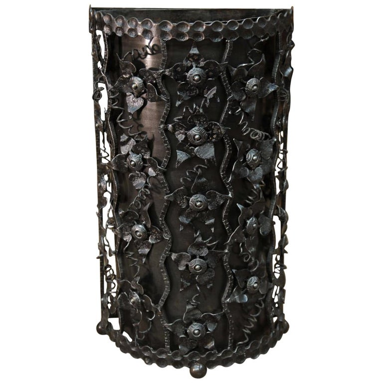 Trash Can or Umbrella Stand in Carved Iron with Flower Decor, circa
