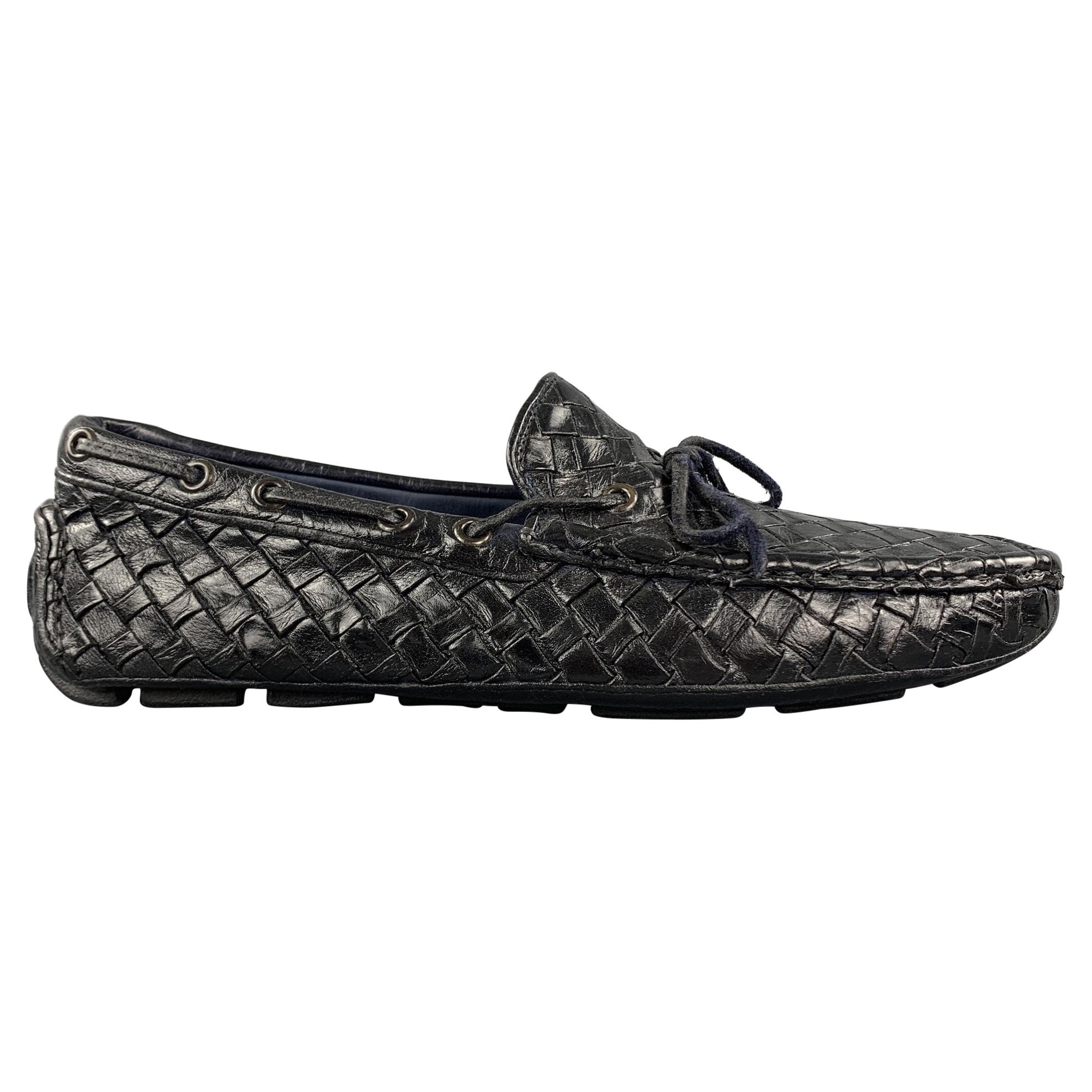 Navy Woven Leather Bow Drivers Loafers 