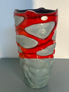 Trasparenze Murano Art Glass Vase with Red Accents and Textured Body