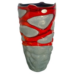 Trasparenze Murano Art Glass Vase with Red Accents and Textured Body