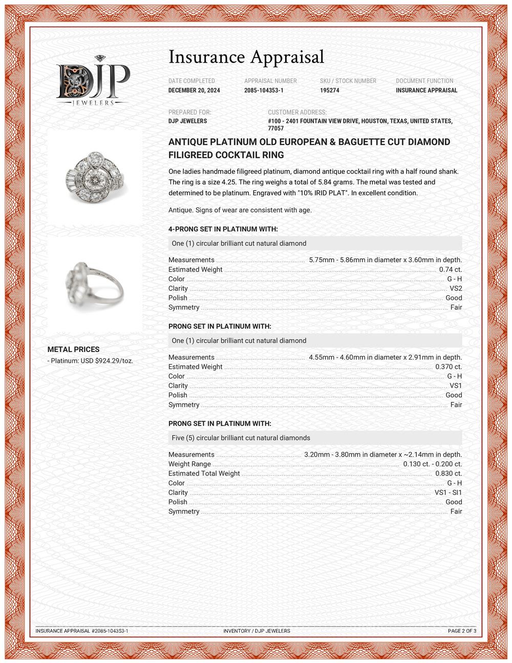 Traub Antique Platinum Old European & Baguette Cut Diamond Cocktail Ring 4