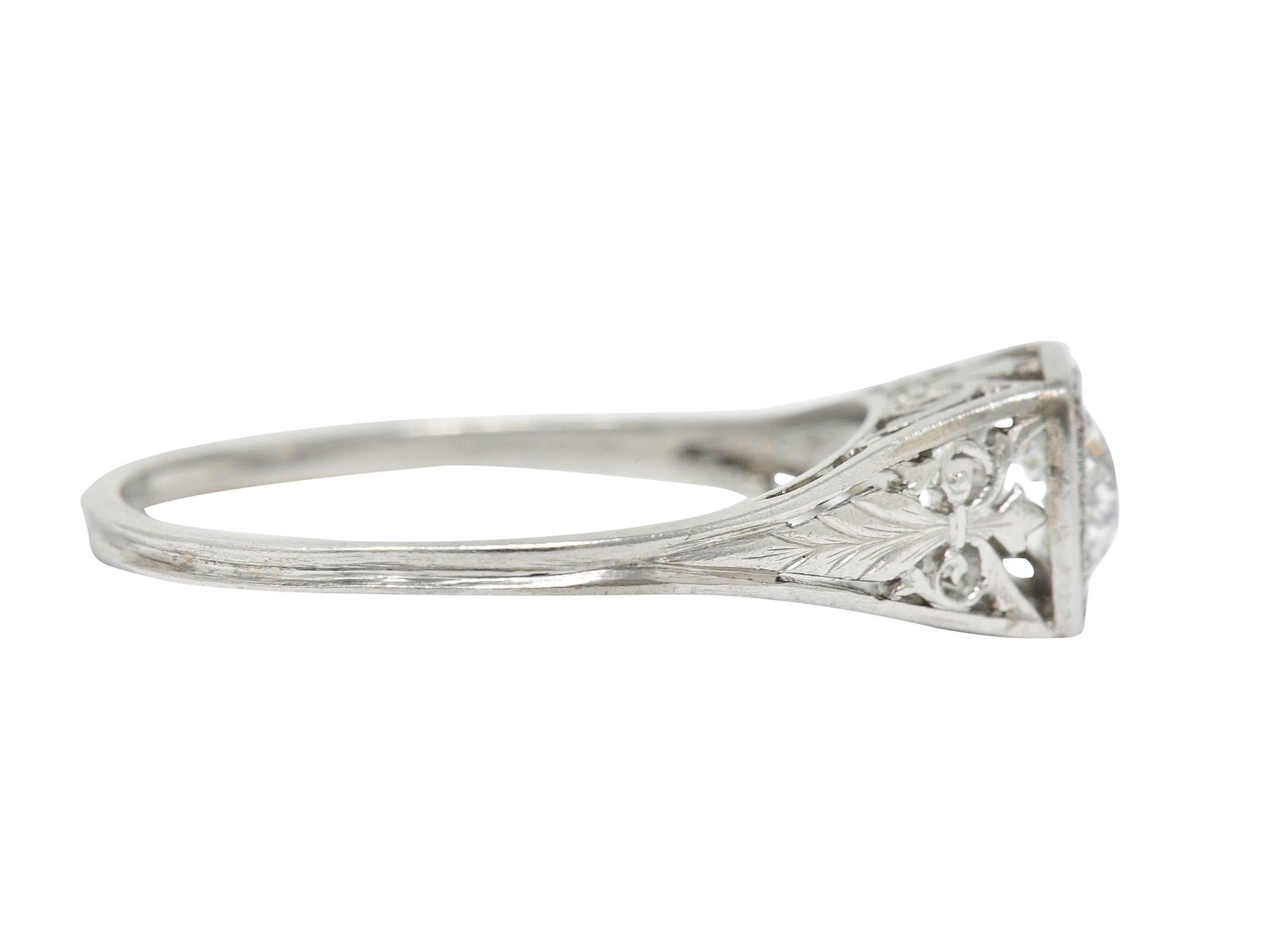 Old European Cut Traub Art Deco 0.46 Carat Diamond Platinum Foliate Engagement Ring