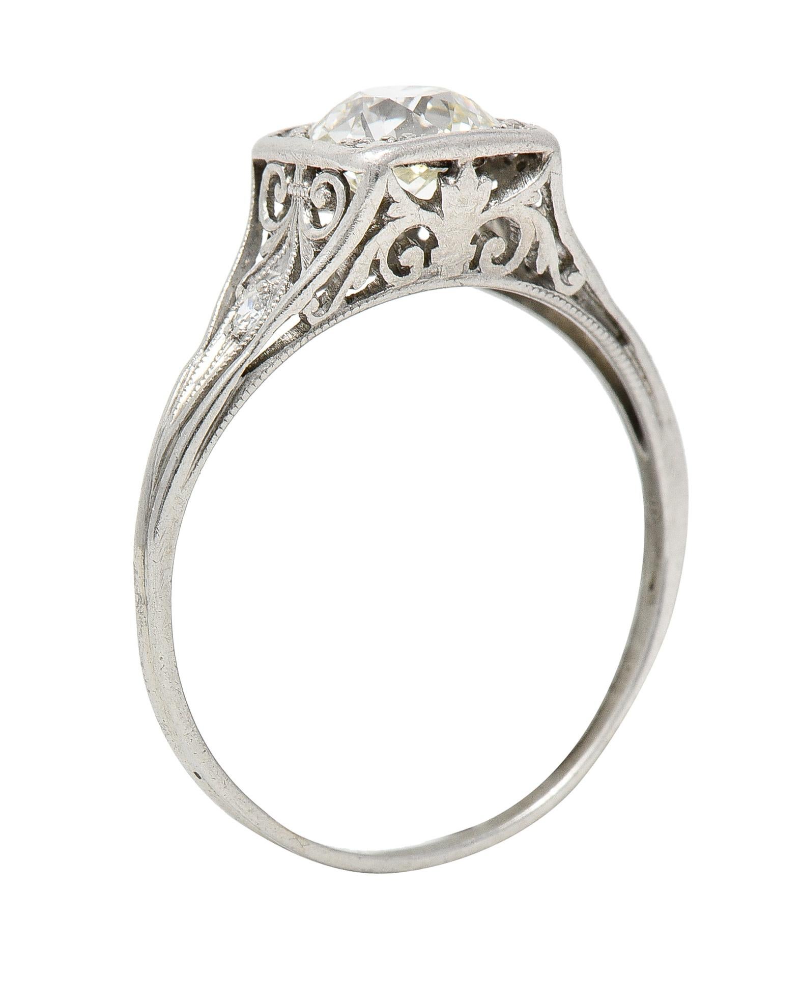 Traub Mfg. Art Deco 1.07 CTW Diamond Platinum Scrolling Vintage Engagement Ring For Sale 5