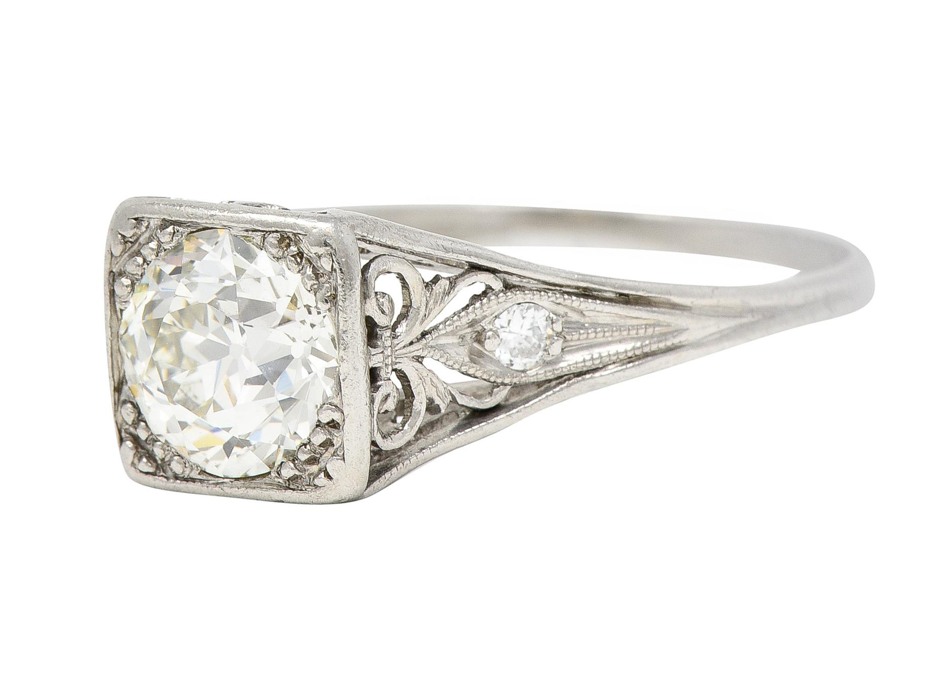 Traub Mfg. Art Deco 1.07 CTW Diamond Platinum Scrolling Vintage Engagement Ring For Sale 1