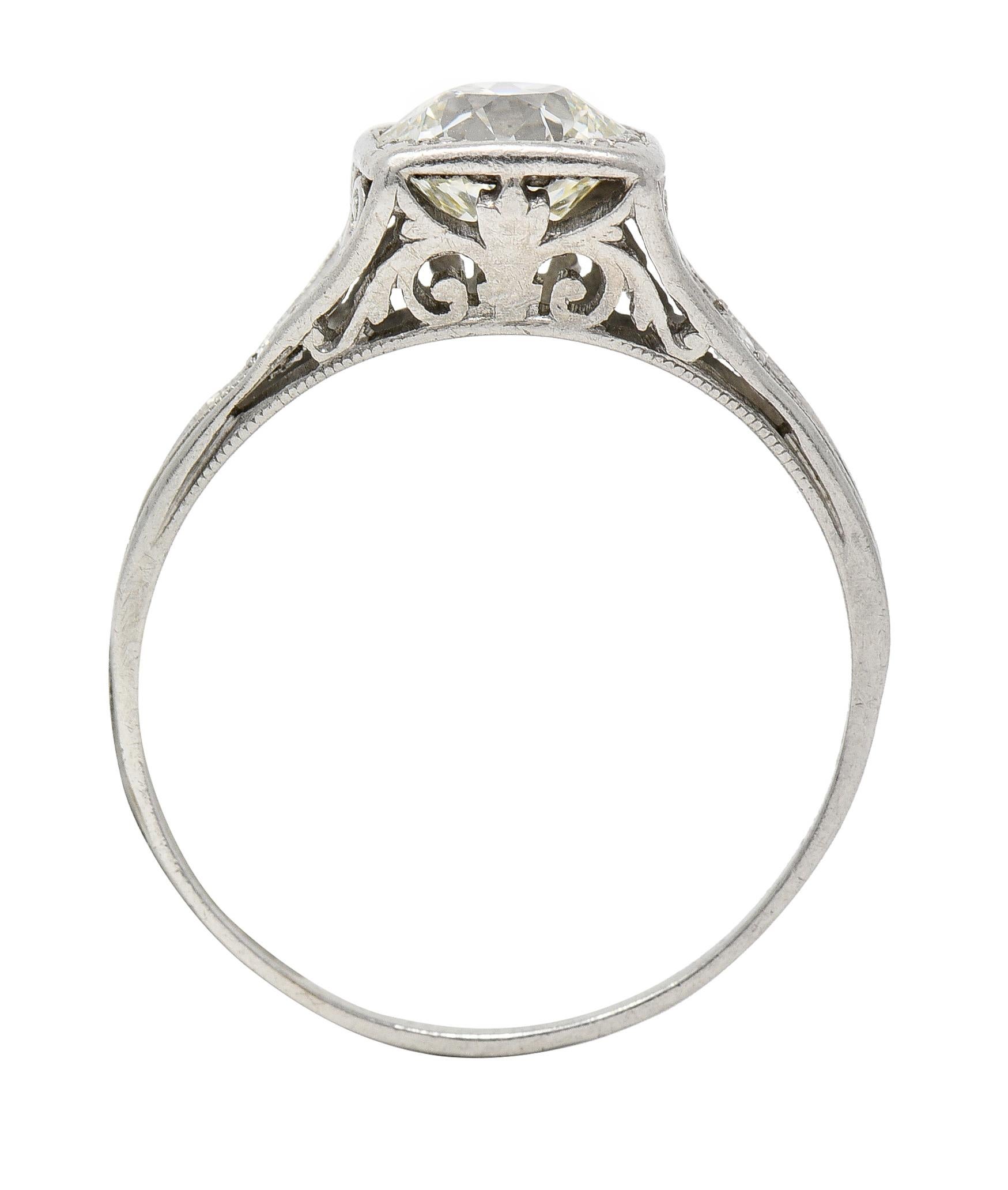 Traub Mfg. Art Deco 1.07 CTW Diamond Platinum Scrolling Vintage Engagement Ring For Sale 2