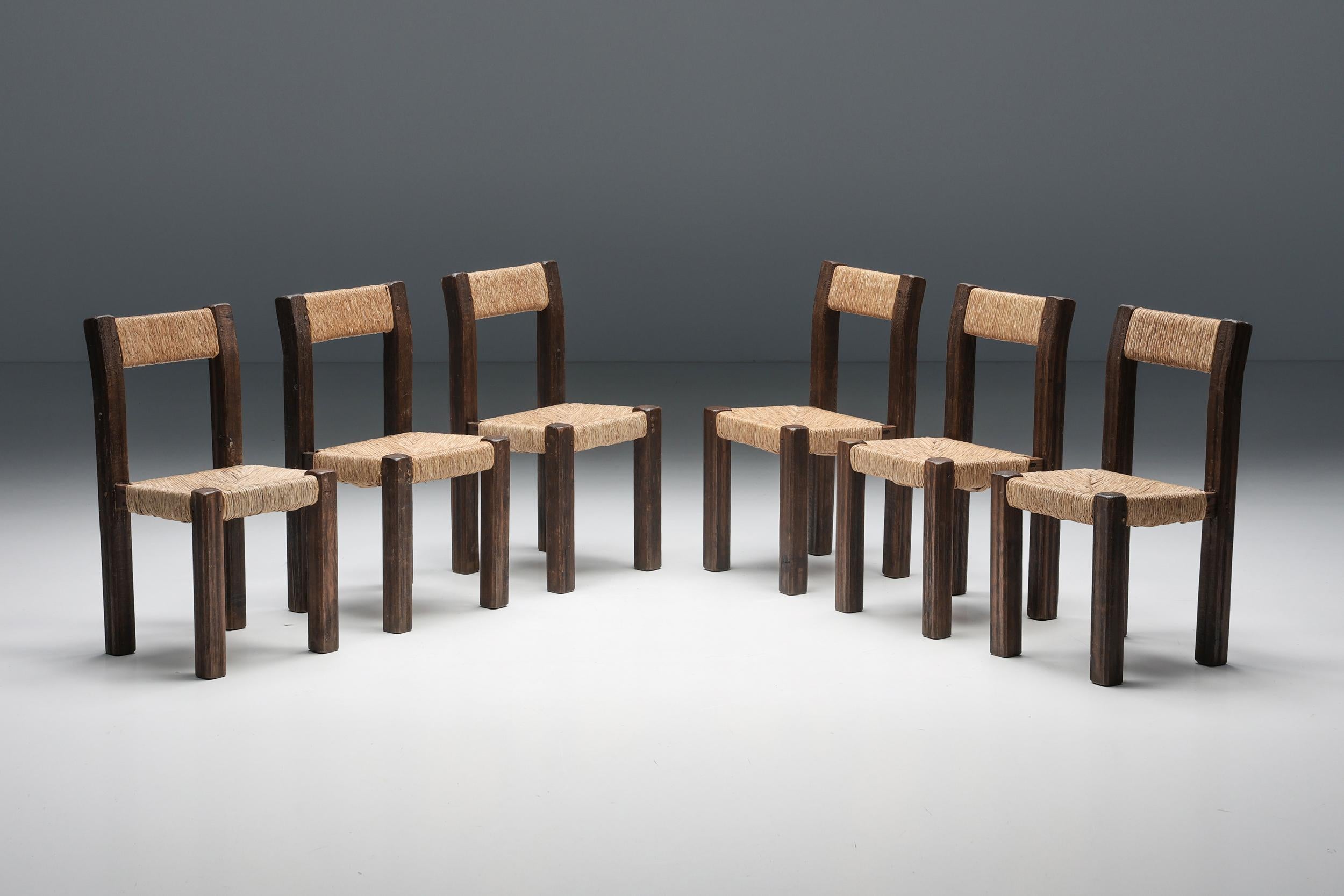 Mid-Century Modern Travaille Français Wood & Straw Dining Chairs, France, 1950s