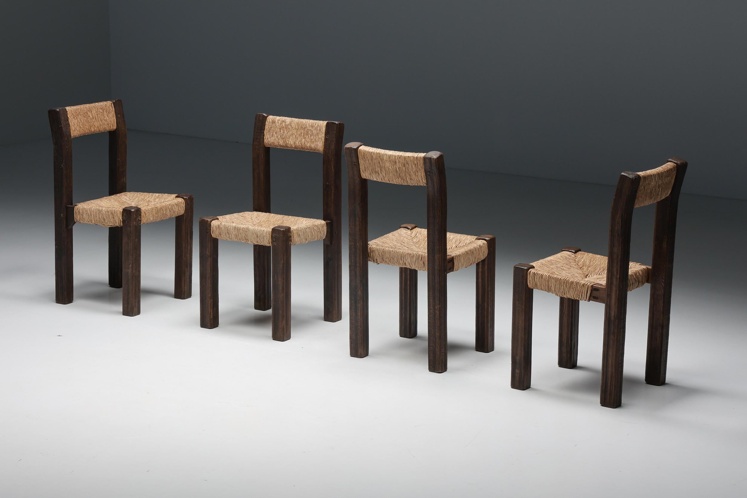 French Travaille Français Wood & Straw Dining Chairs, France, 1950s