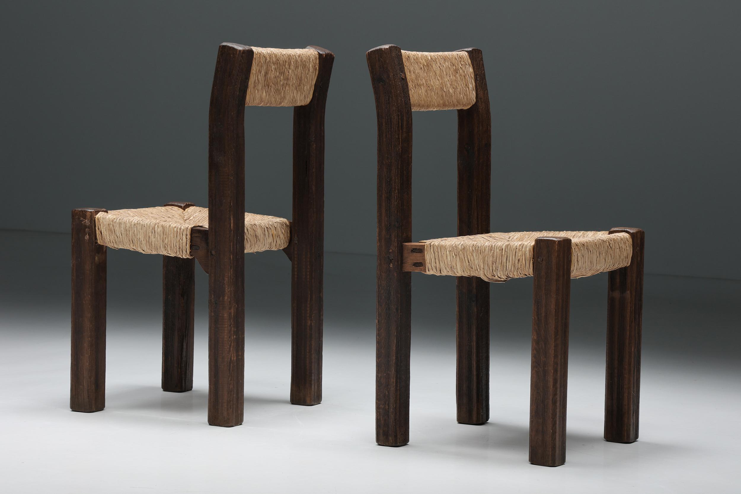 Travaille Français Wood & Straw Dining Chairs, France, 1950s In Excellent Condition In Antwerp, BE