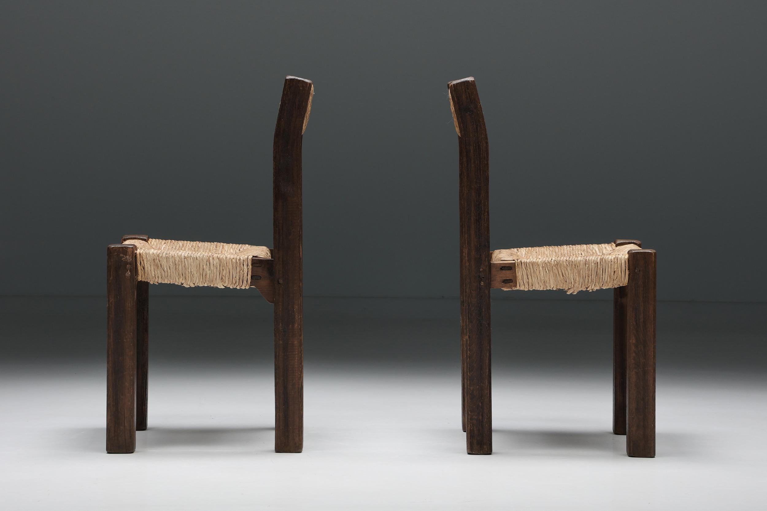 Mid-20th Century Travaille Français Wood & Straw Dining Chairs, France, 1950s