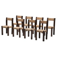 Travaille Français Wood 
Straw Dining Chairs, France, 1950s