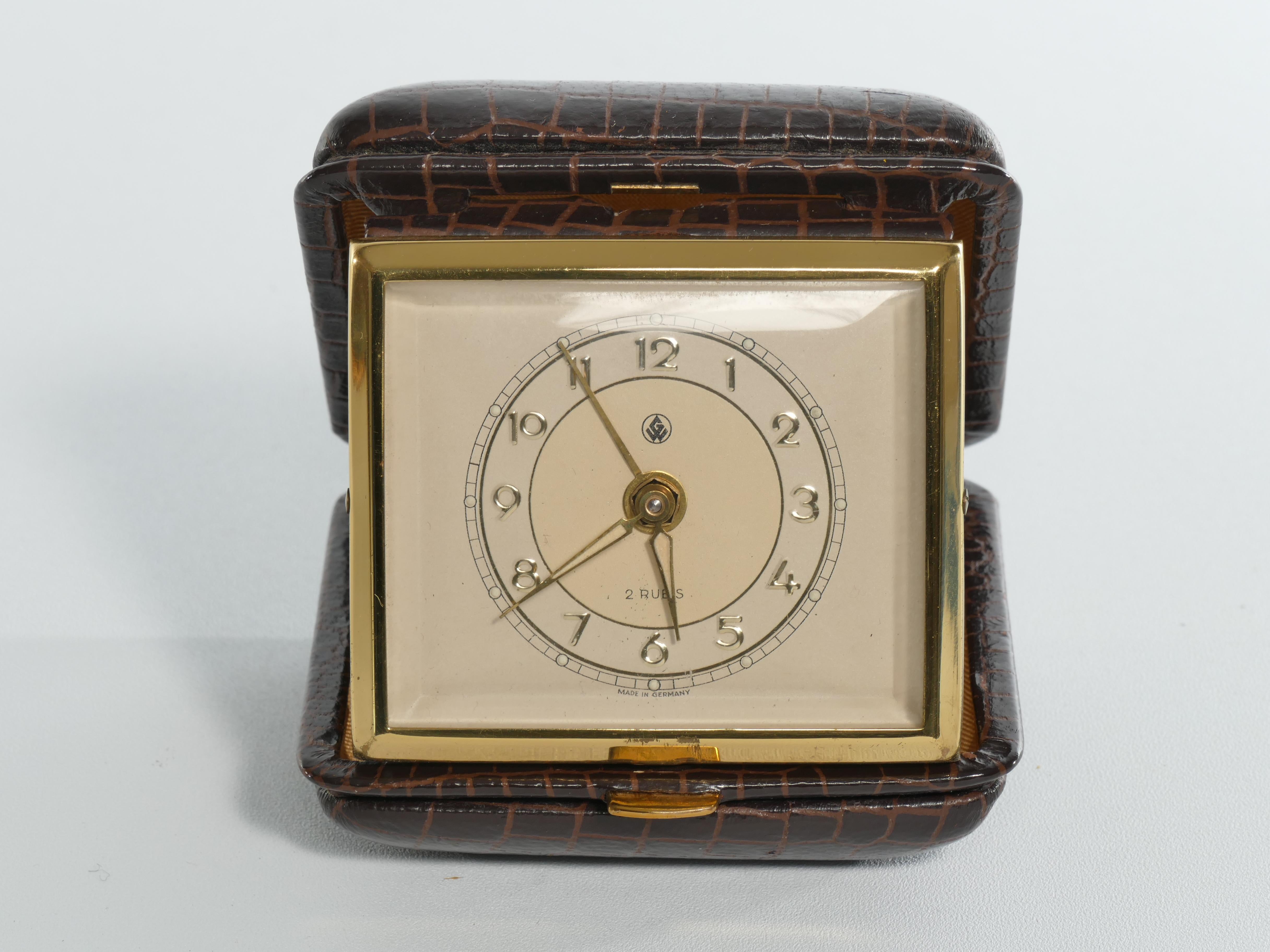 Hollywood Regency Travel Alarm Clock in Brass and Faux Snakeskin from 