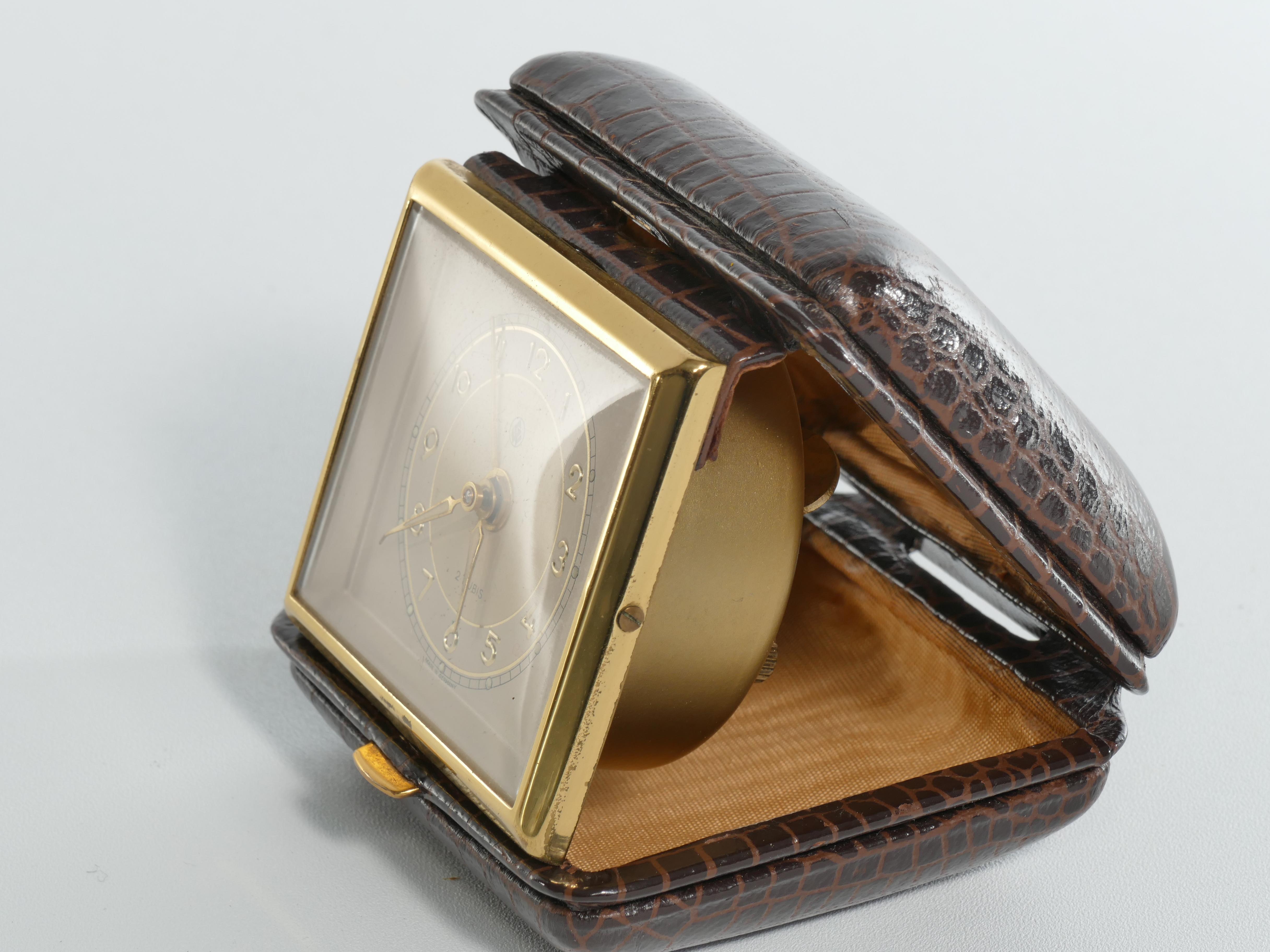20th Century Travel Alarm Clock in Brass and Faux Snakeskin from 