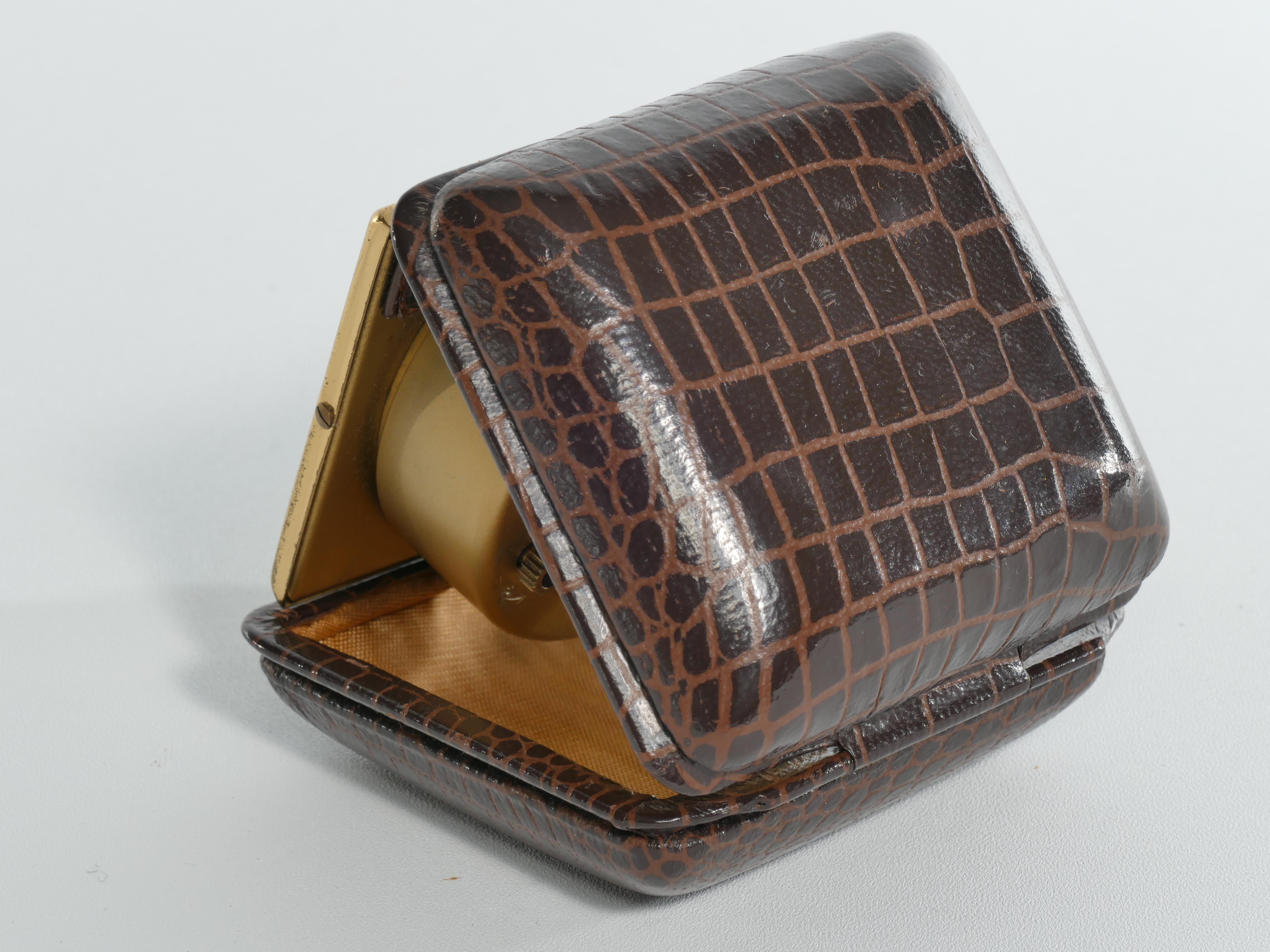 Travel Alarm Clock in Brass and Faux Snakeskin from 
