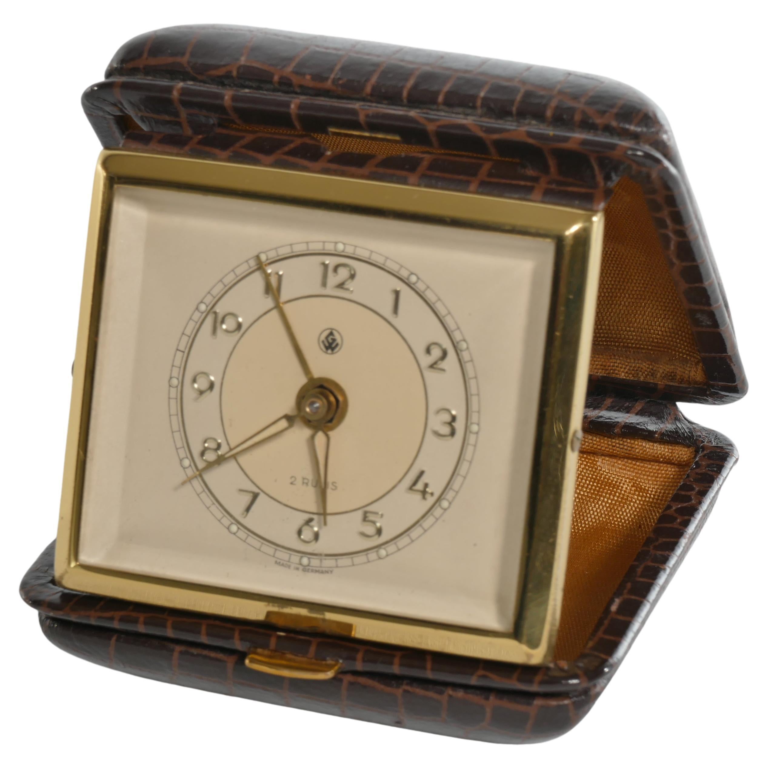 Travel Alarm Clock in Brass and Faux Snakeskin from "GW", Germany, ca 1950's For Sale