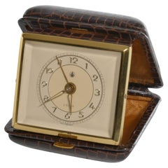 Travel Alarm Clock in Brass and Faux Snakeskin from "GW", Germany, ca 1950's