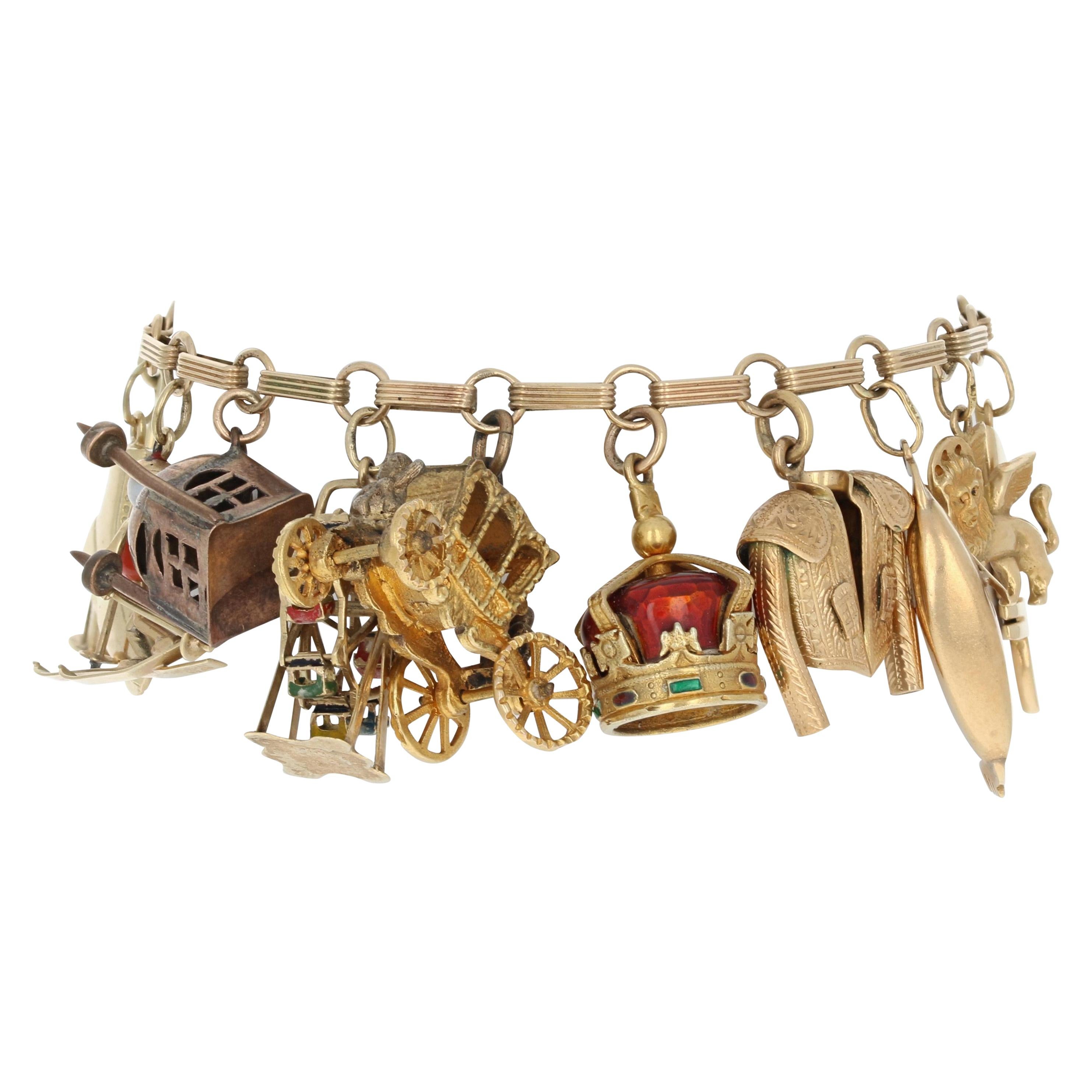 Travel and Leisure Charm Bracelet 14 Karat Gold Coral Pearl Enamel Accents