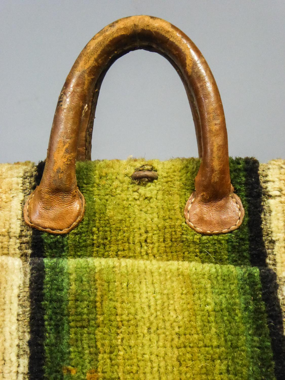 Brown Travel Bag in Cut Wool Tapestry and Leather - France Late 18th century