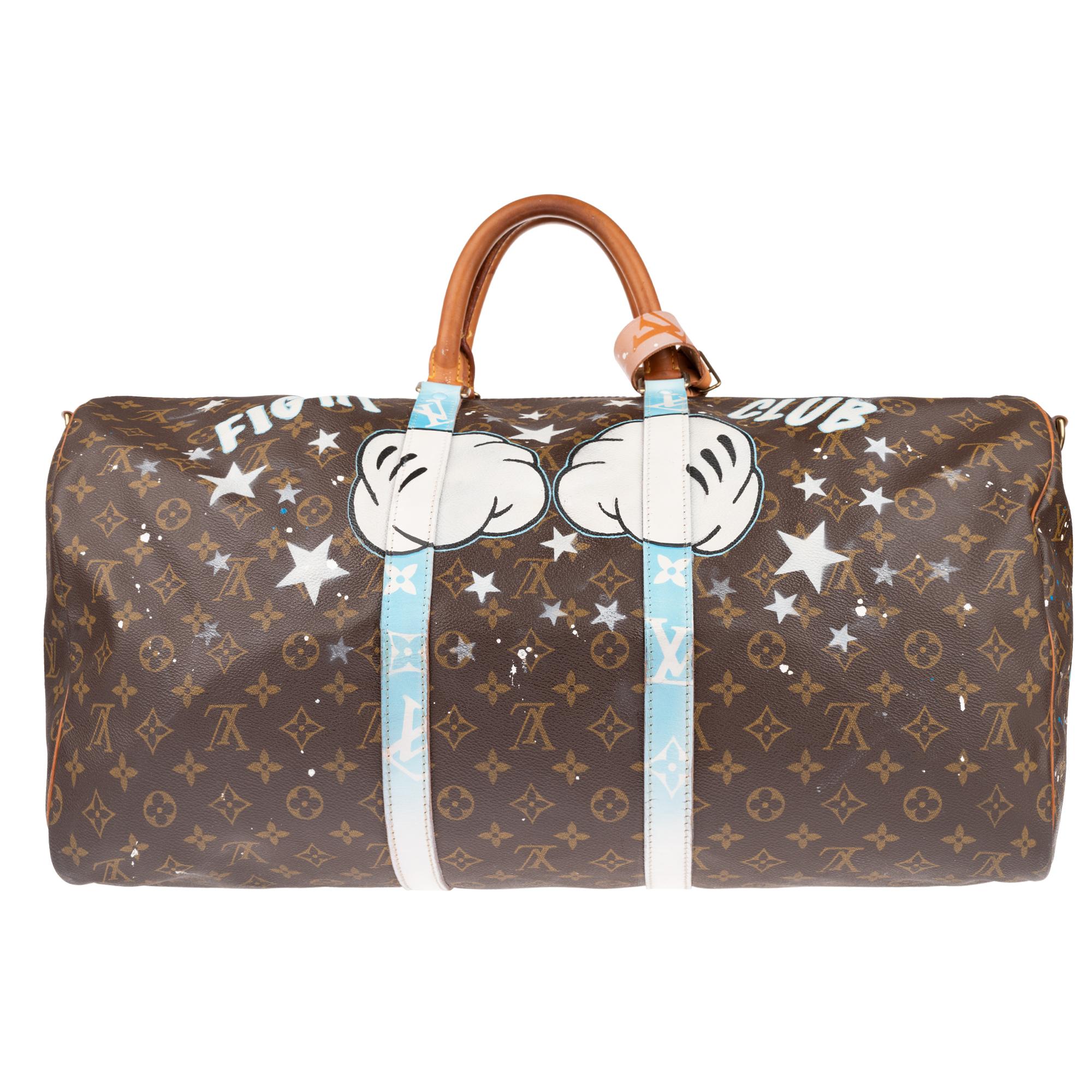 Exceptional travel bag Louis Vuitton Keepall 55 cm in monogram brown canvas and natural leather personalized by our Street Art artist Patbo on the theme of 