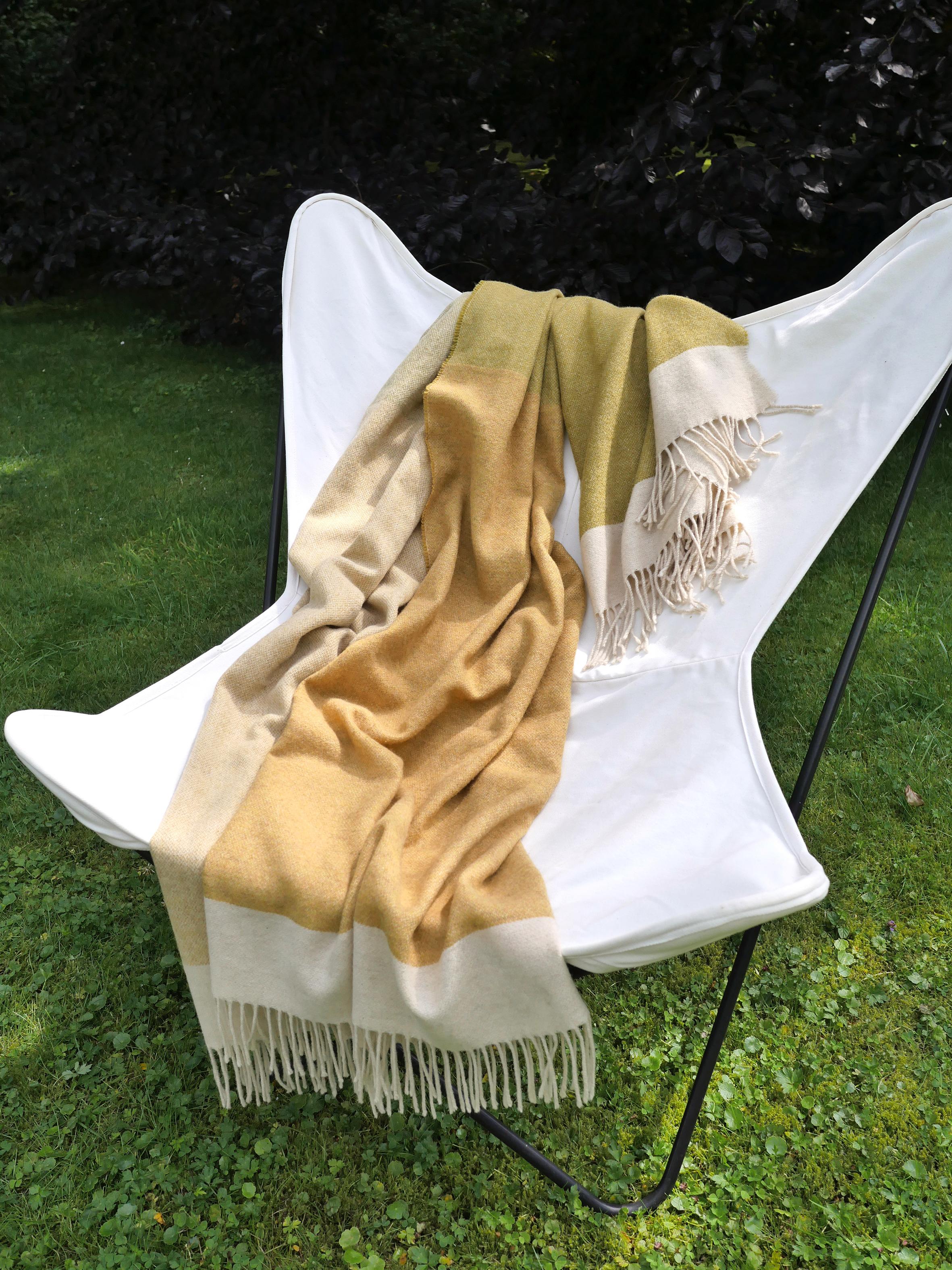 Italian Travel Blanket Yellow Green Woven of Merino and Yak Wool by Catharina Mende For Sale