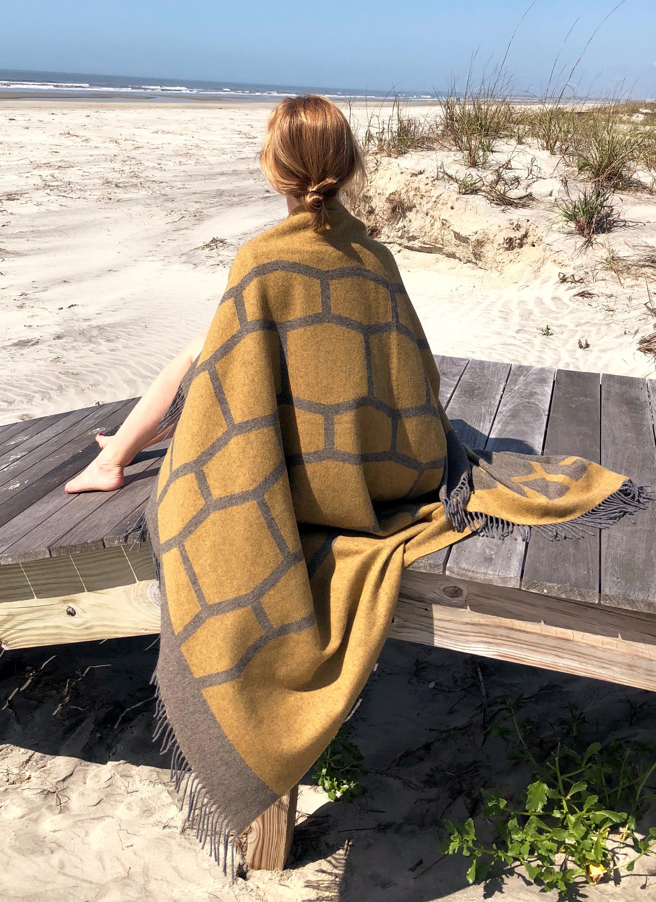 Modern Travel Blanket Yellow Grey Woven of Merino and Yak Wool by Catharina Mende For Sale