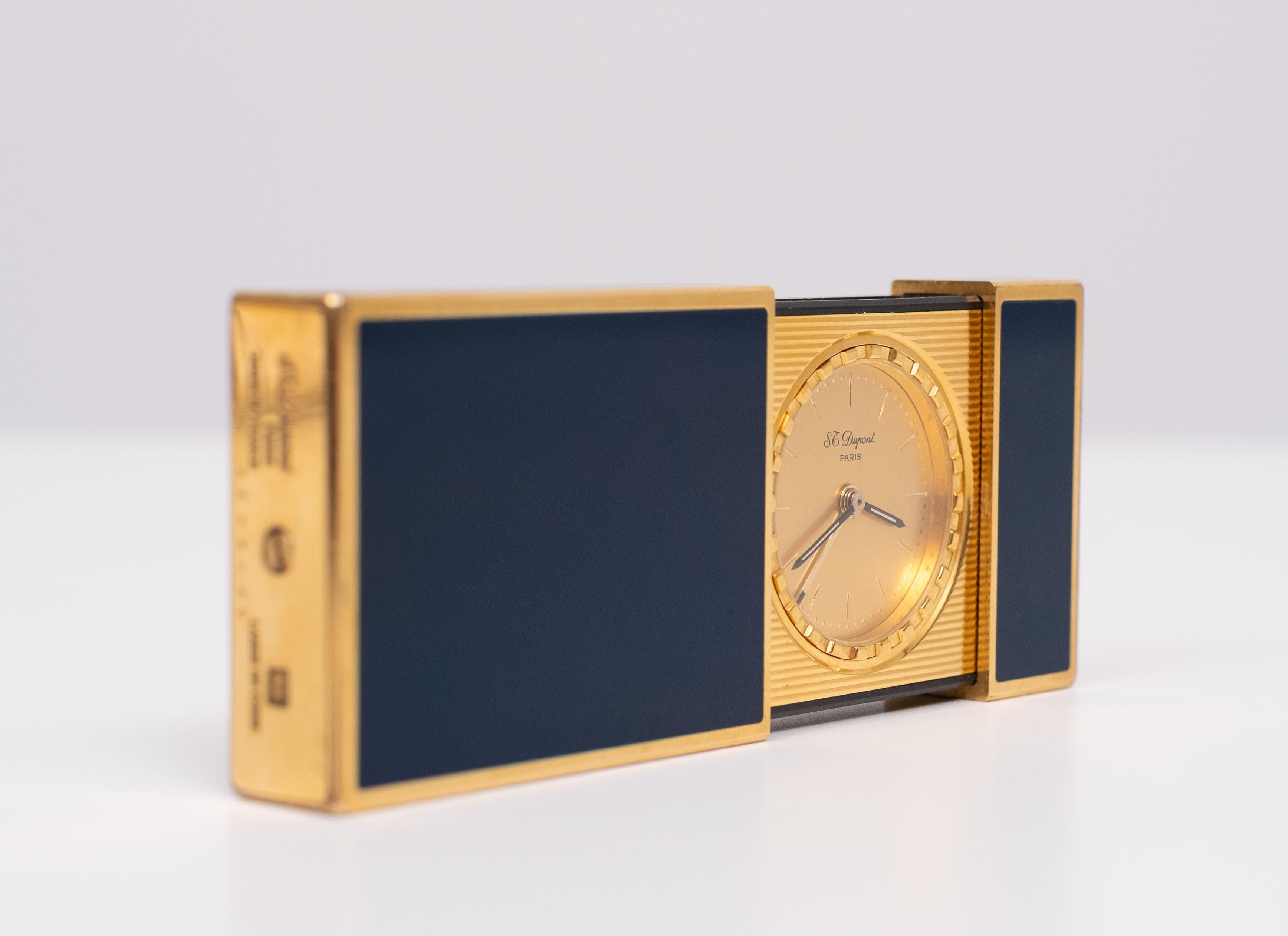 Travel clock - ST Dupont - Gold plated, Blue Lacquer Paris France For Sale 5