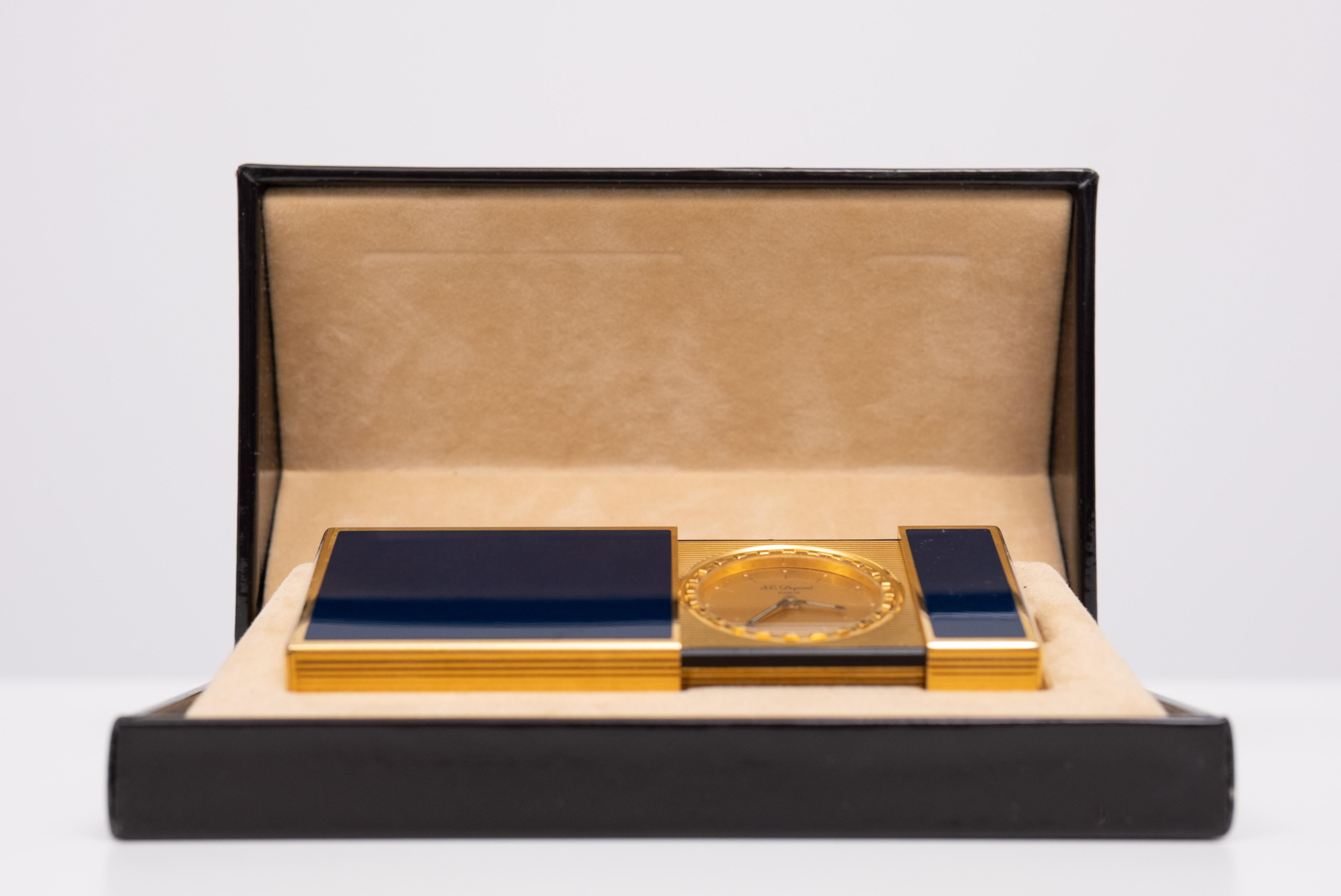 French Travel clock - ST Dupont - Gold plated, Blue Lacquer Paris France For Sale