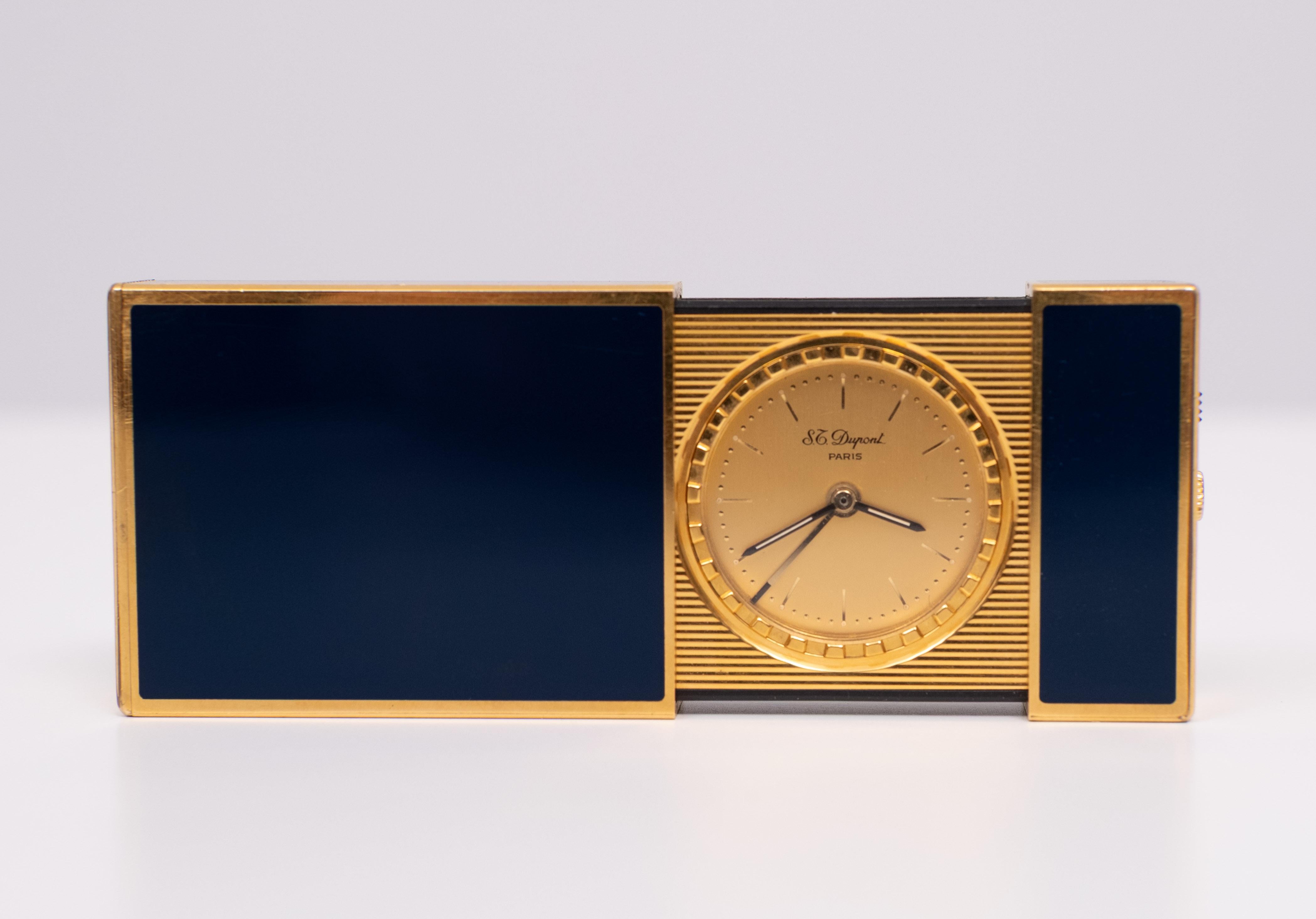 Gold Plate Travel clock - ST Dupont - Gold plated, Blue Lacquer Paris France For Sale