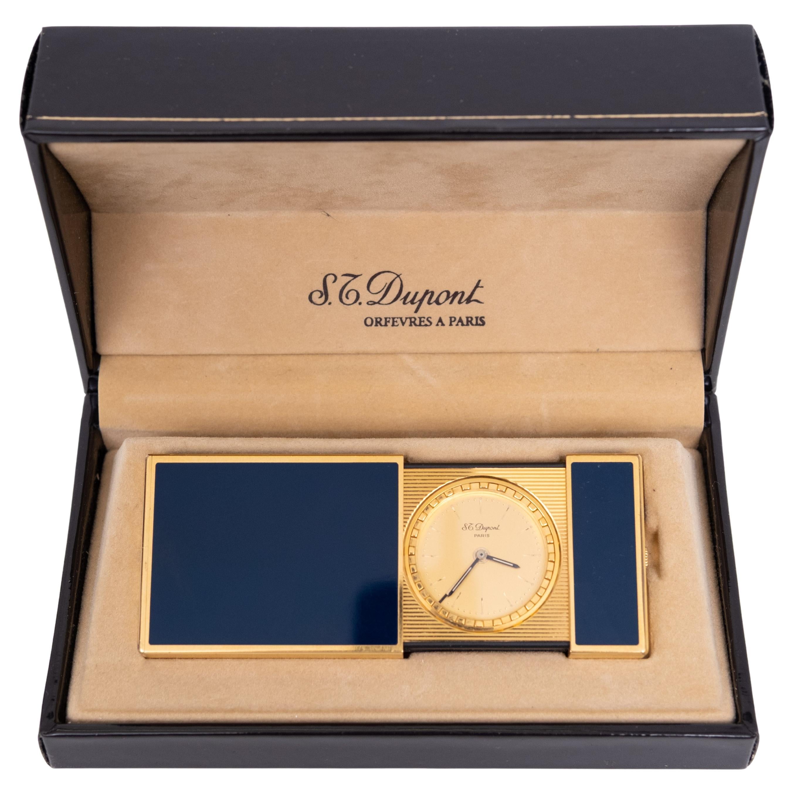 Travel clock - ST Dupont - Gold plated, Blue Lacquer Paris France For Sale